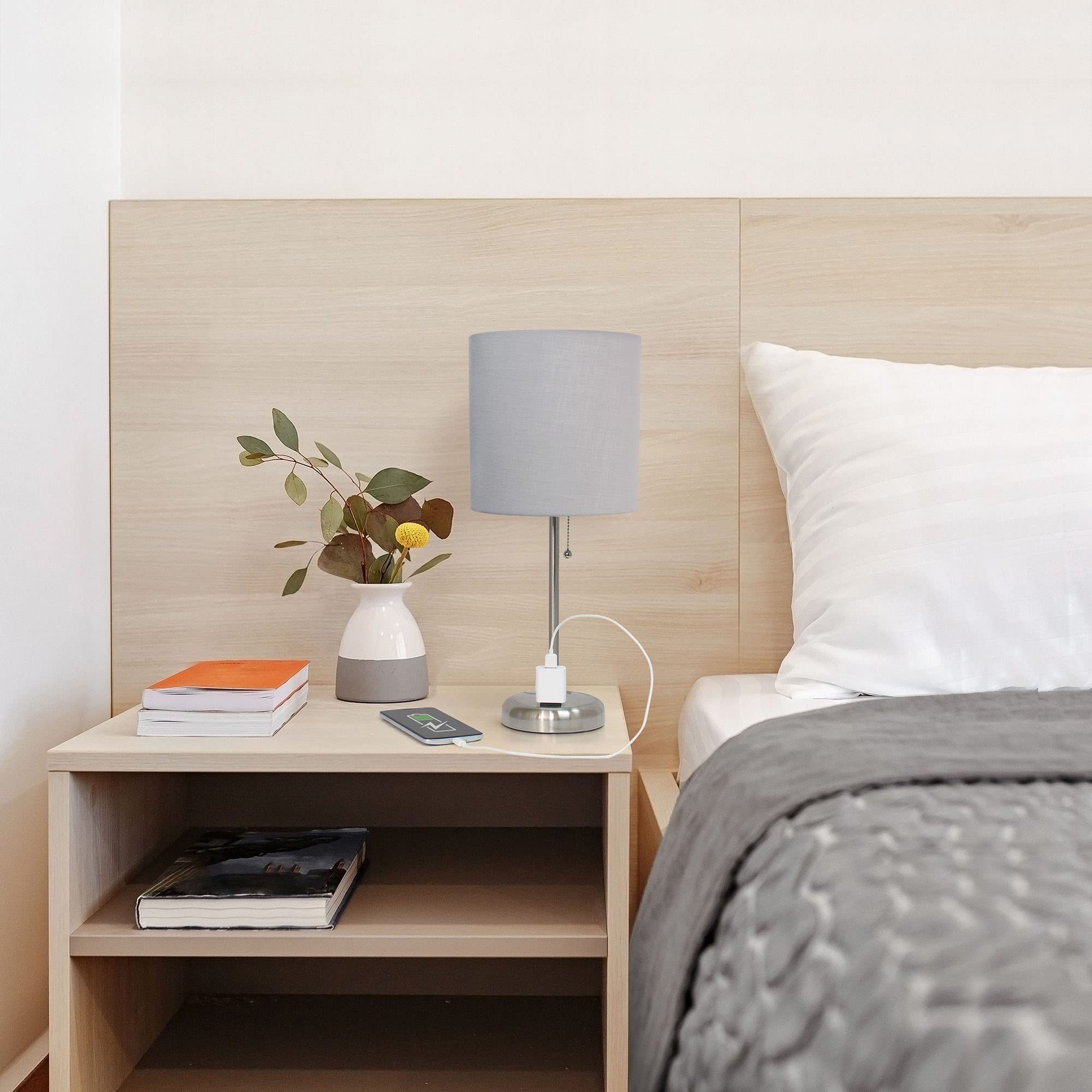 Creekwood Home Oslo 19.5" Contemporary Bedside Power Outlet Base Standard Metal Table Desk Lamp In Brushed Steel With Gray Drum Fabric Shade