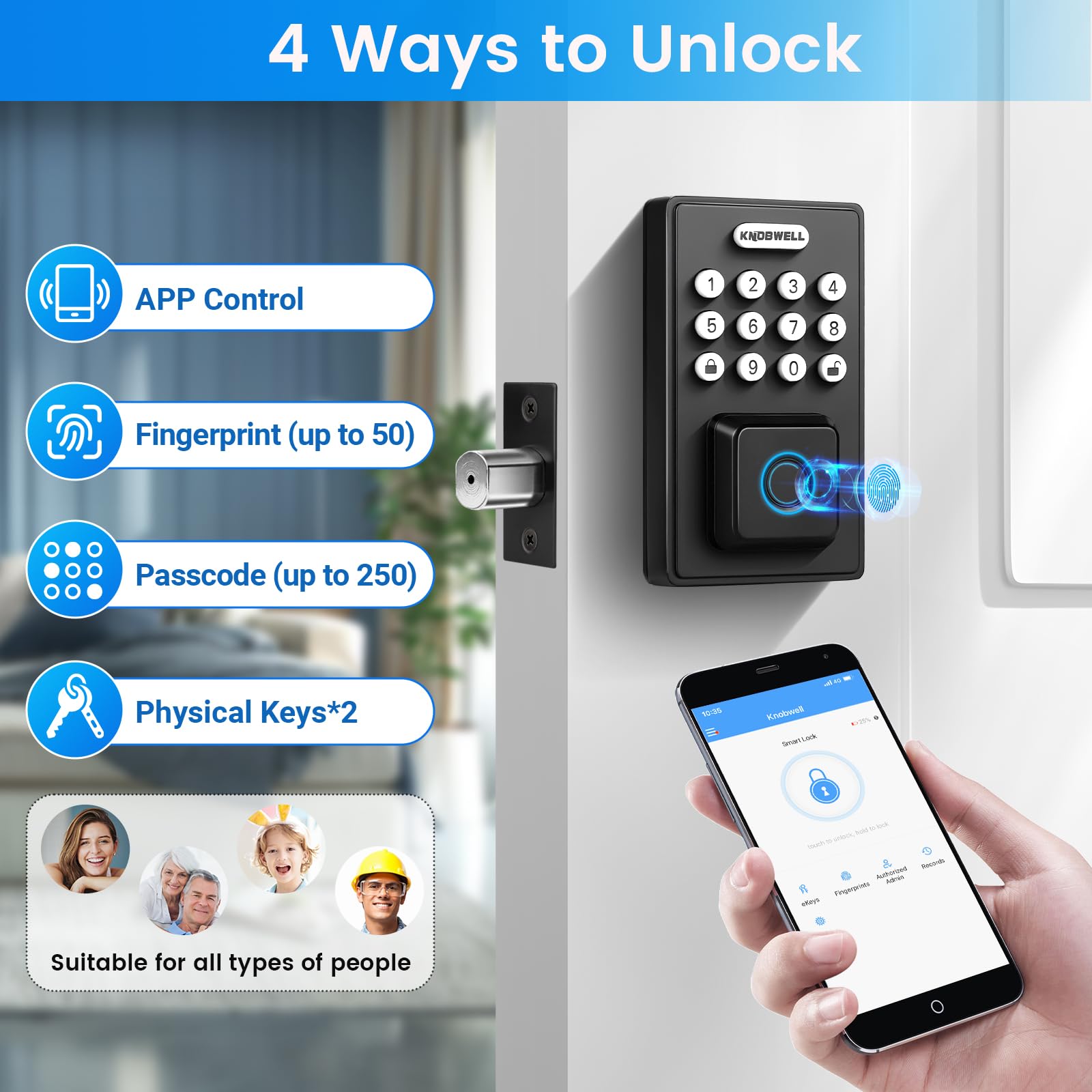 Knobwell Smart Lock Deadbolt For Front Door, Fingerprint Keyless Entry Door Lock, Biometric Touch Digital Keypad Deadbolt, Electronic Password Door Locks With Bluetooth And App Control