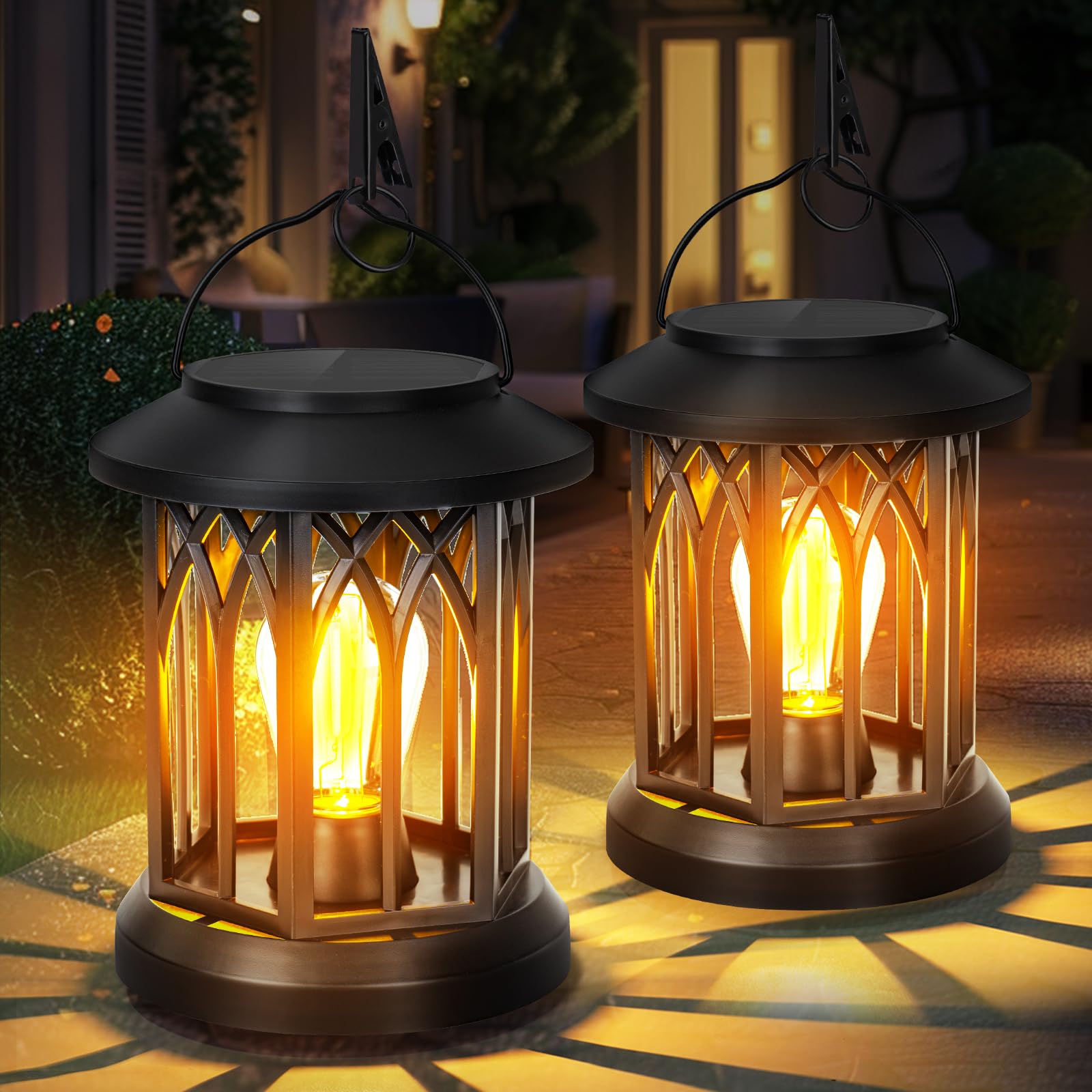Bomier Hanging Solar Lanterns Outdoor Waterproof - 2 Pack Solar Lantern Decorative, Hanging Solar Lights For Outside, Outdoor Solar Powered Lantern With Handle & Clip For Patio Yard Decor