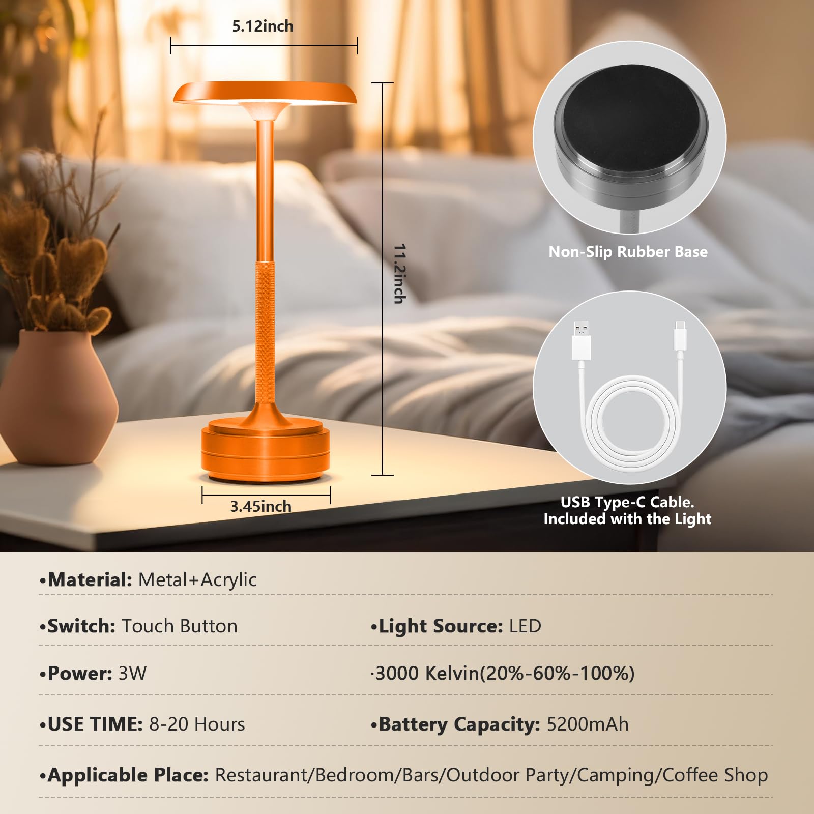Baishezhuan Rechargeable Cordless Led Table Lamps Touch Sensor Light, 3-Levels Portable Dimming Wireless Battery Operated Lamp，Nightstand Lamp/Night Light/Restaurant Table/Outdoor/Coffee/Bar (Orange)