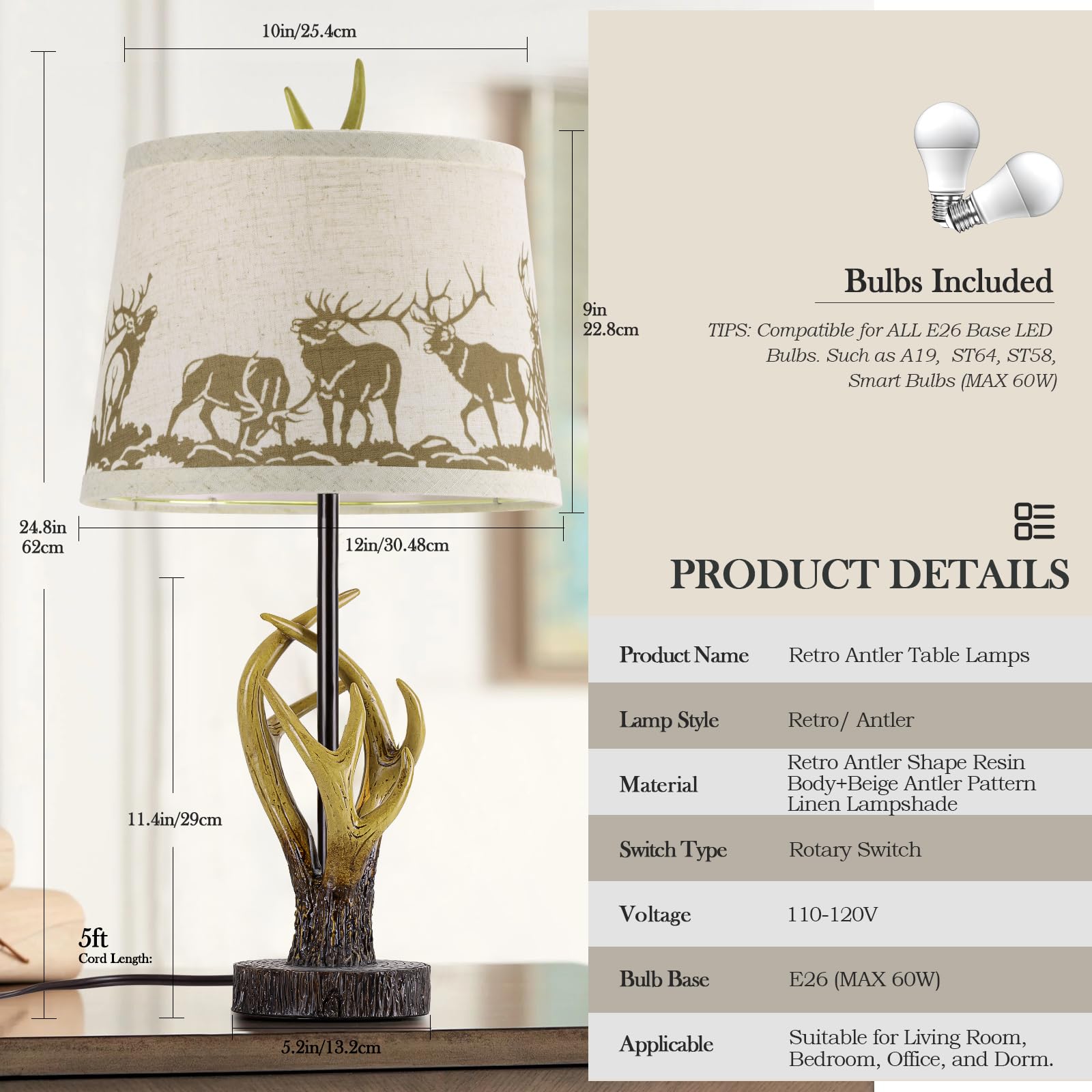 Spclsim Rustic Antler Table Lamps For Bedrooms Set Of 2, 24.4" Deer End Table Lamps For Living Room, Farmhouse Resin Bedside Nightstand Lamps, Bulbs Included