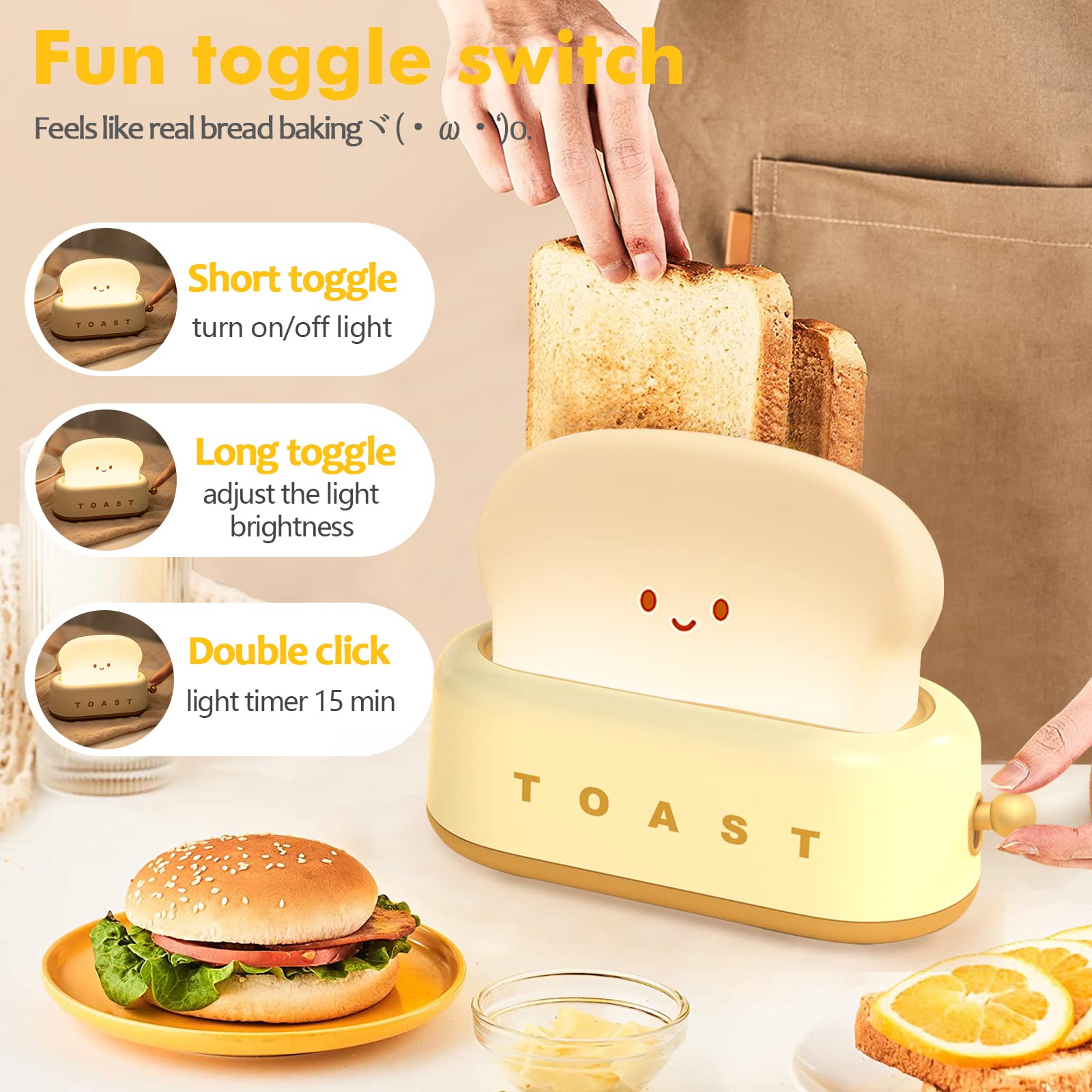 Qanyi Small Table Lamp, Cute Toast Bread Led Bedroom Nightstand Light With Timer And Rechargeable, Cool Birthday For Baby Kids Children Girls Boys