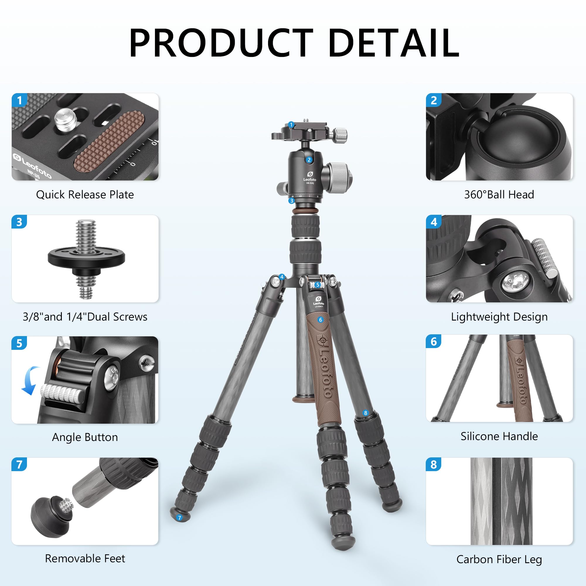 Leofoto Lightweight Carbon Fiber Reversible Folding Travel Tripod With Ball Head, Removable Center Column, Folded Height 36Cm, Maximum Load 6Kg（Lx-225Ct+Xb-32Q）