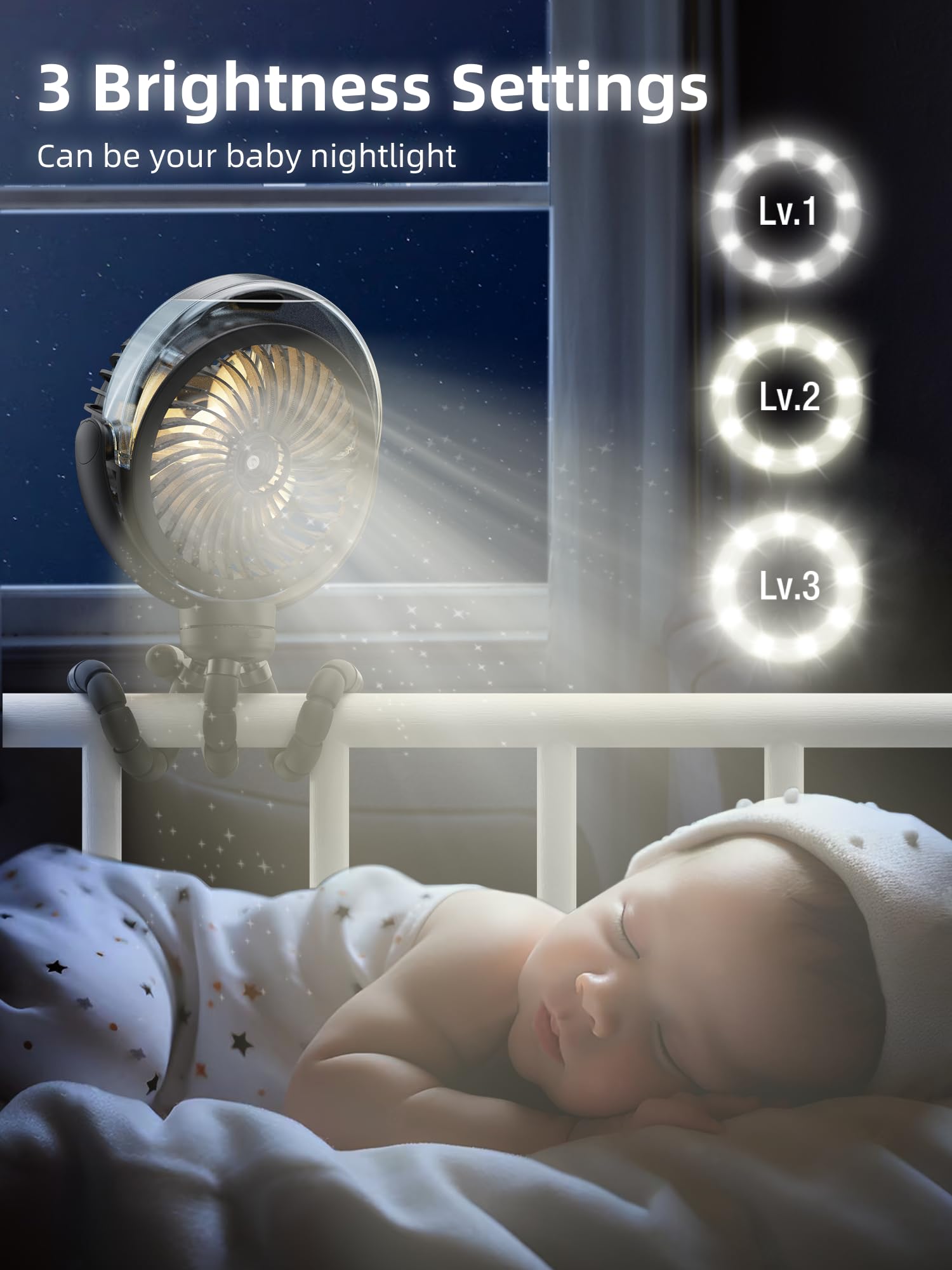 Misting Stroller Fan, 6000Mah Battery Operated Portable Fan With Light & 360° Pivoting