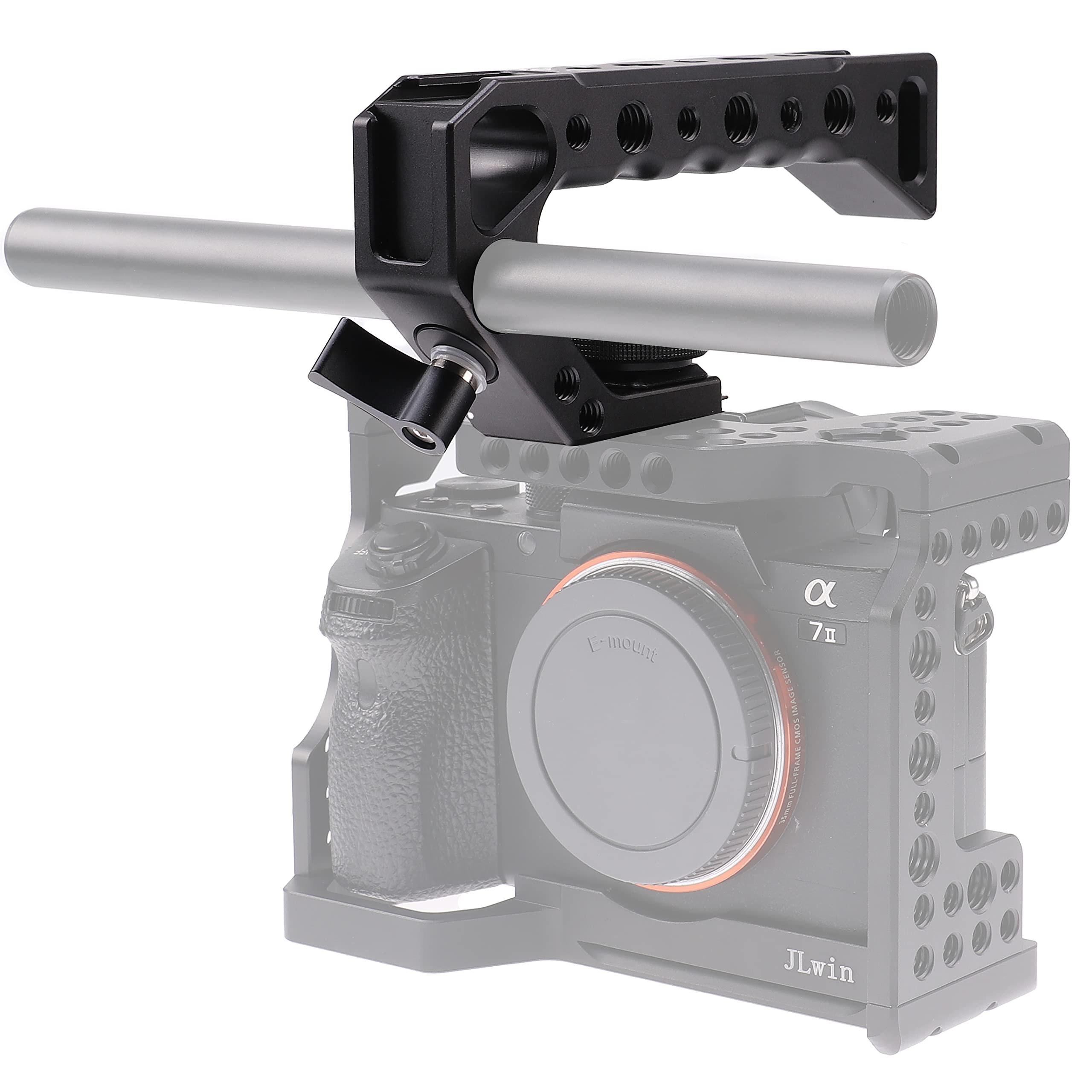 Focusfoto Top Handle Grip With 3/8" Locating Hole For Arri Standard Camera Cage, Extension Handgrip Mount With 1/4"-20 & 3/8"-16 Thread & Cold Shoe For Attaching Magic Arm, Led Video Light, Microphone