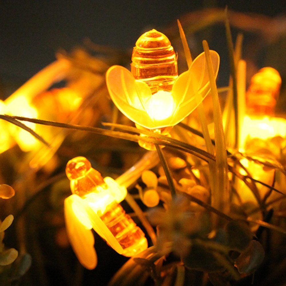 Dinowin Honey Bees Lights, Bee String Lights Solar Power Honeybee Fairy String Lights Waterproof 30 Led For Outdoor Garden Summer Party Wedding Xmas Decoration (Warm White)