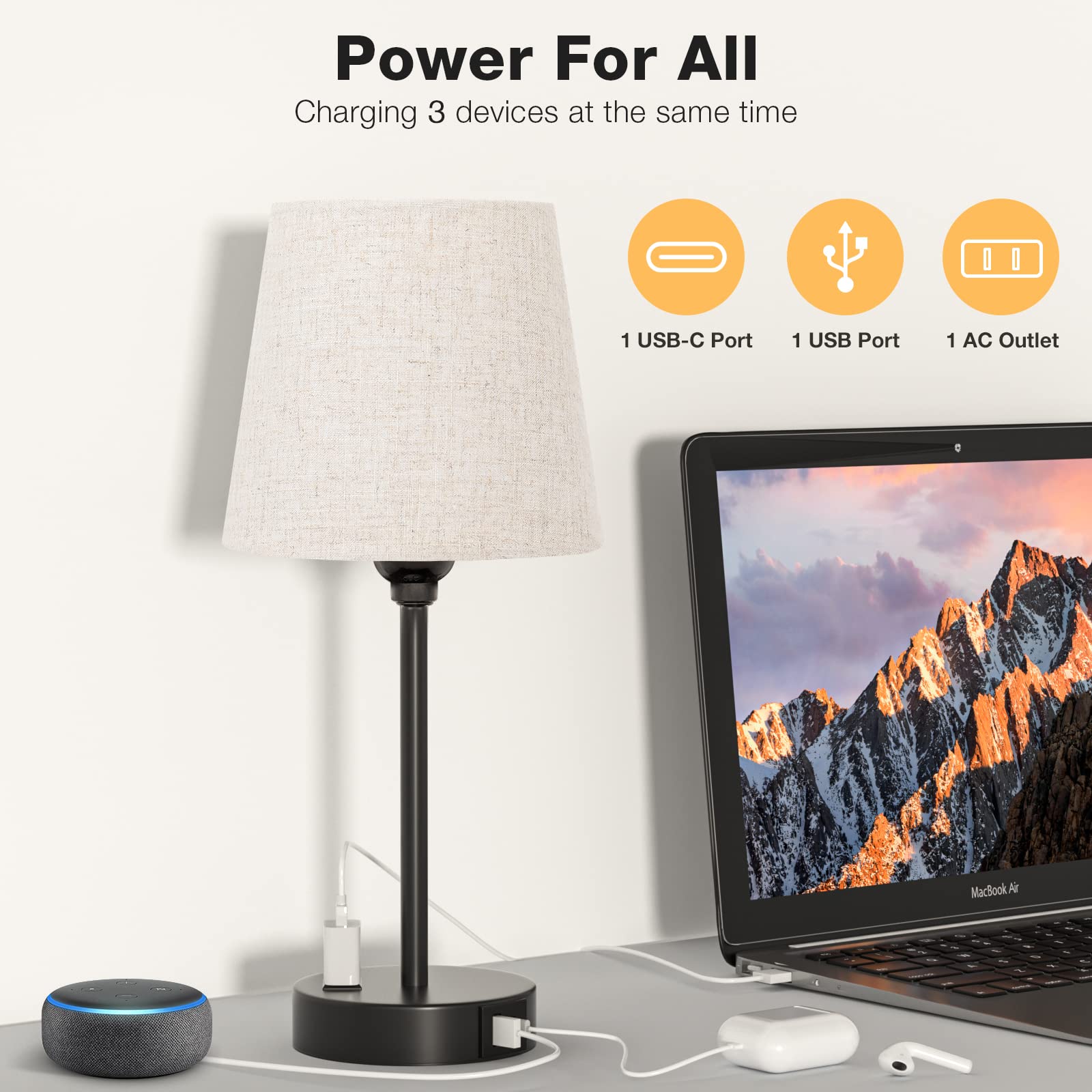 Acaxin Mini Bedside Lamps For Bedrooms Set Of 2 - Nightstand Bedroom Lamps With Usb C Port And Ac Outlet Charging, Dimmable Touch Small Bed Side Table Lamp, Black Night Stand Light For Kids/Guest Room
