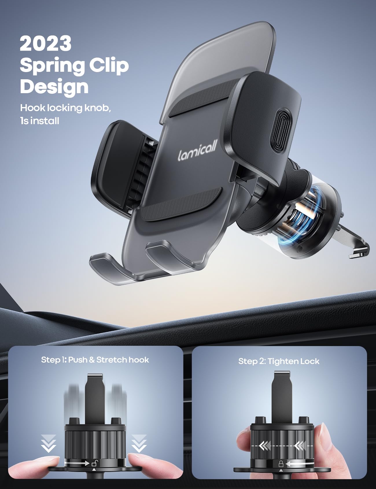 Lamicall Phone Holders For Your Car - Wider Spring Clamp [Big Phone Friendly] Air Vent Cell Phone Holder Car Mount Automobile Cradle Air Vent Clip For Iphone 15 14 13 Pro Max Smartphone - Dark