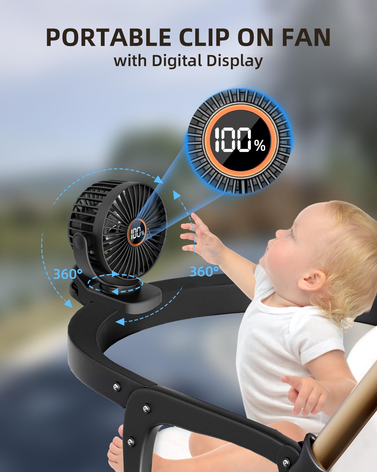 Mini Clip On Fan, Battery Operated Desk Fan, Digital Display，3 Speeds Adjustable, Bidirectional 360