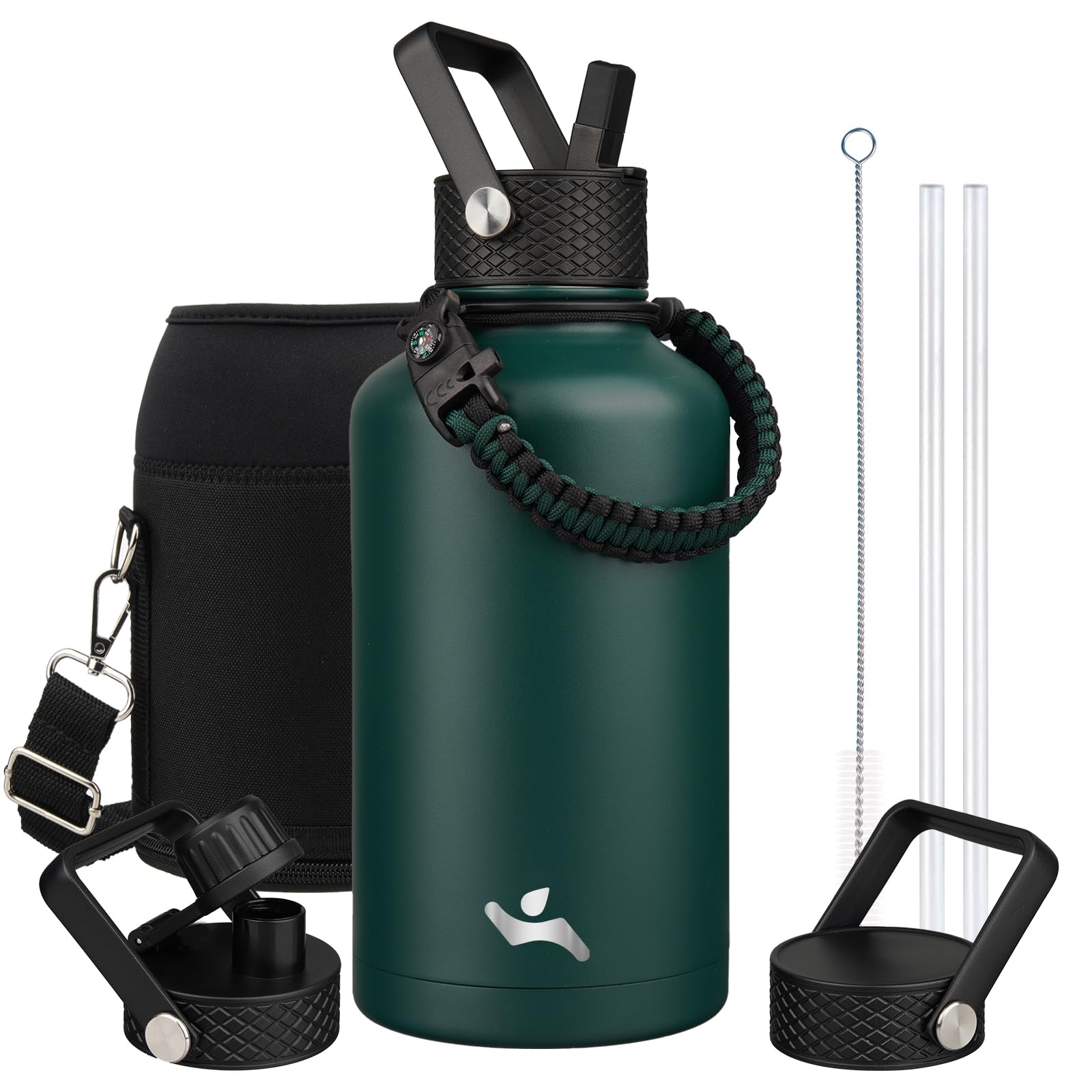 Half Gallon Insulated Water Bottle With Straw,64 Oz 3 Lids Water Jug With Carrying Bag,Paracord