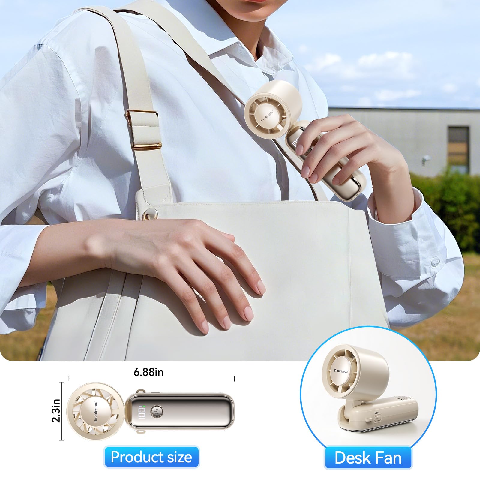 Aristide personal handheld fan, 6000mAh rechargeable battery, providing extended cooling up to 13.5 hours