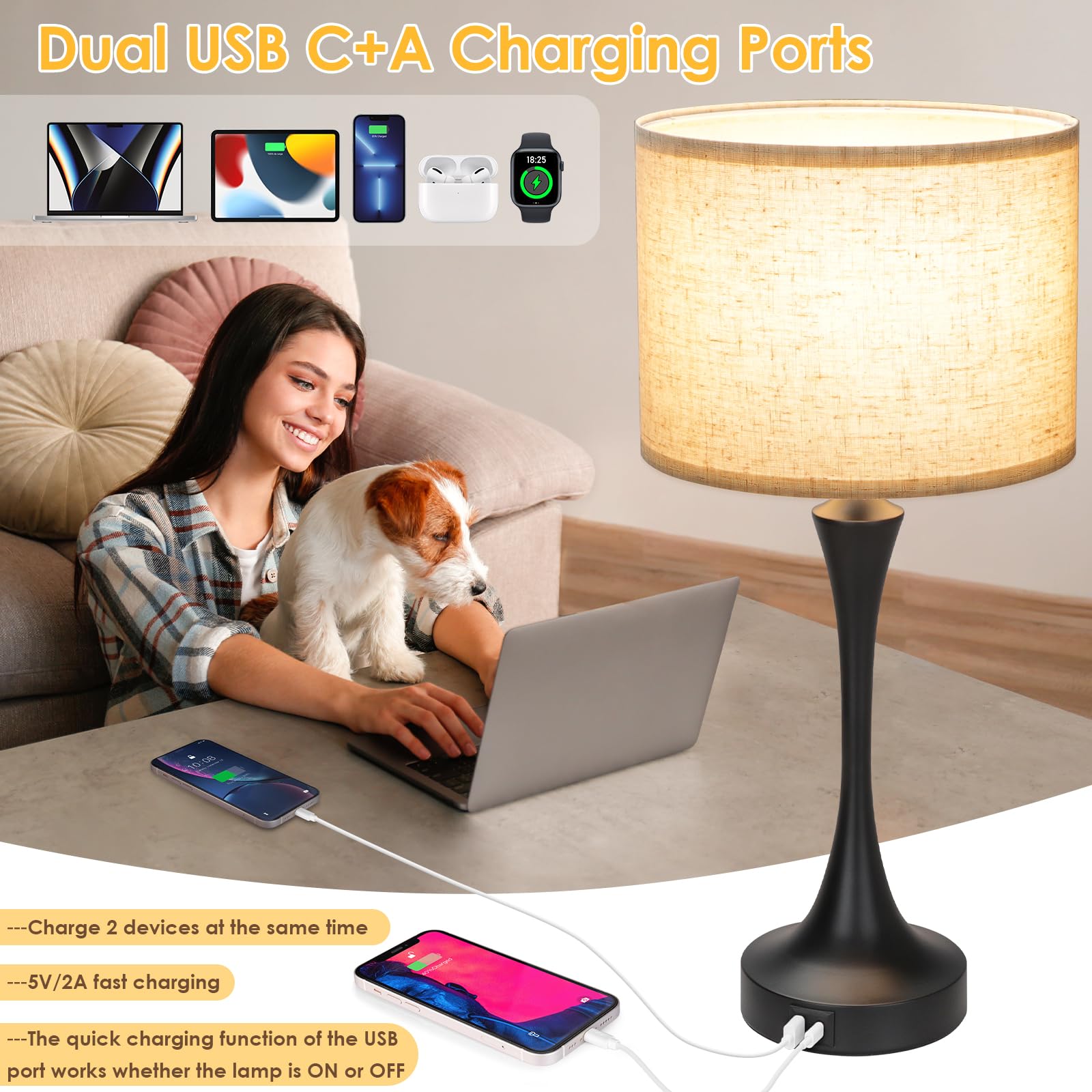 Ggoying 22” Set Of 2 Touch Control Table Lamp With Usb A+C Ports, 3-Level Dimmable Bedside Lamp With Fabric Lampshade, 3000K Led Bulbs, Nightstand Lamp For Bedroom Livingroom Office, Black