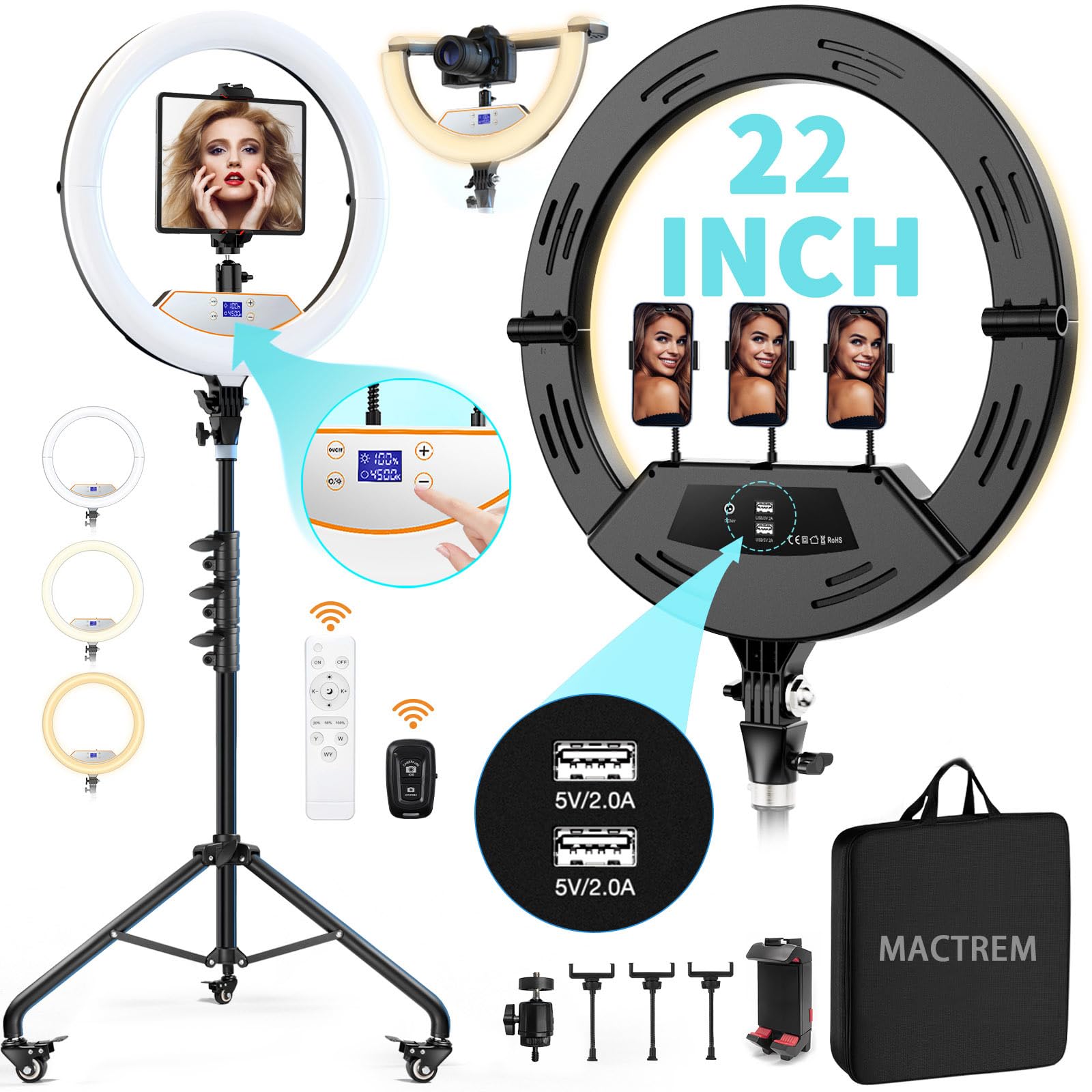 Mactrem 22" Foldable Ring Light With Stand For Iphone Ipad, 75" Tripod With Wheels 50W 6500K Led Display/2 Usb Ports Large Ringlight Rolling, Tattoo Barber Makeup Studio Video Photography Lighting