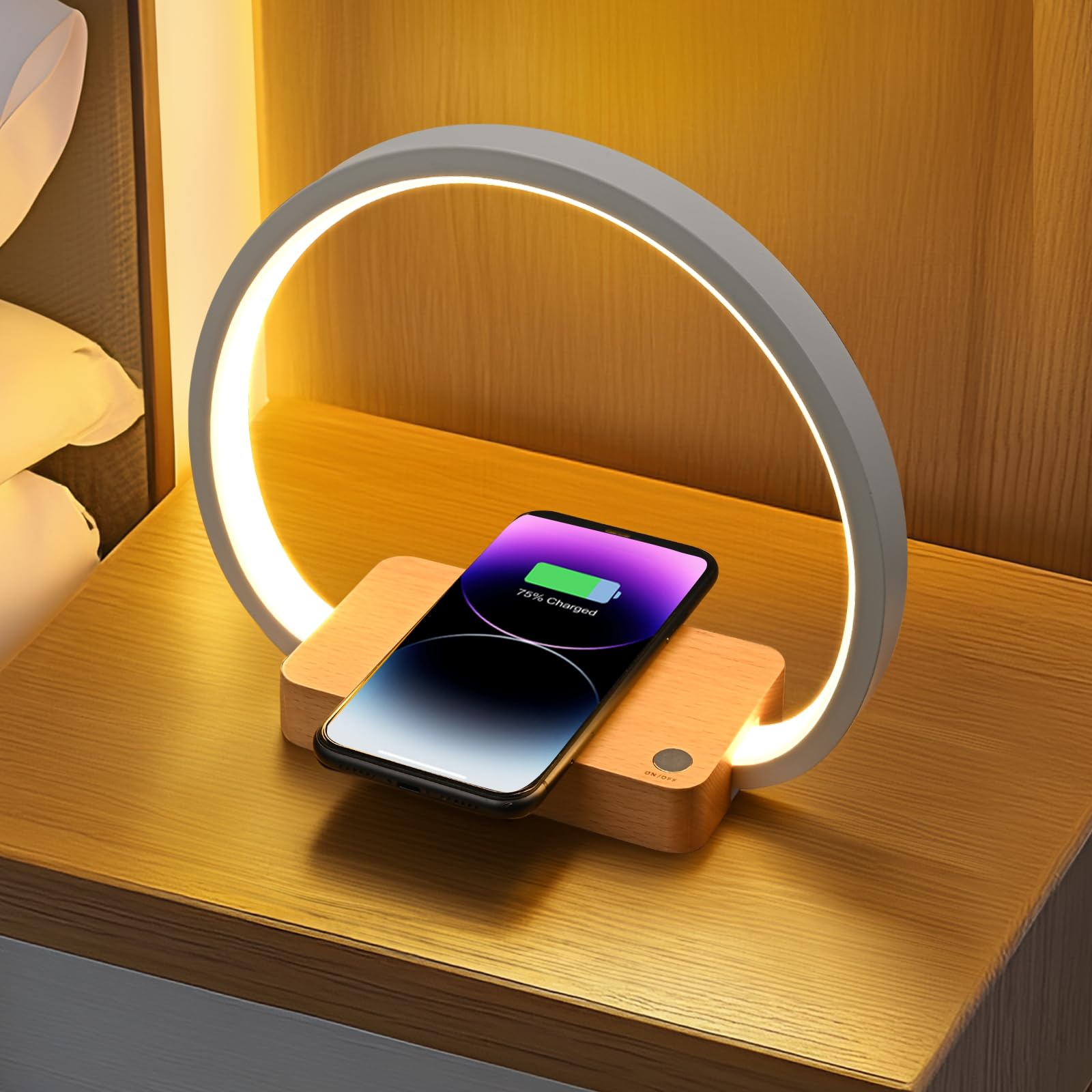 Lonrisway Wireless Charging Bedside Lamp,Premium Wooden Nightstand Light For Bedroom,Nursery Touch-Control Desk Lamp,Ideal Choice,Stepless Dimming& 3 Color Temps