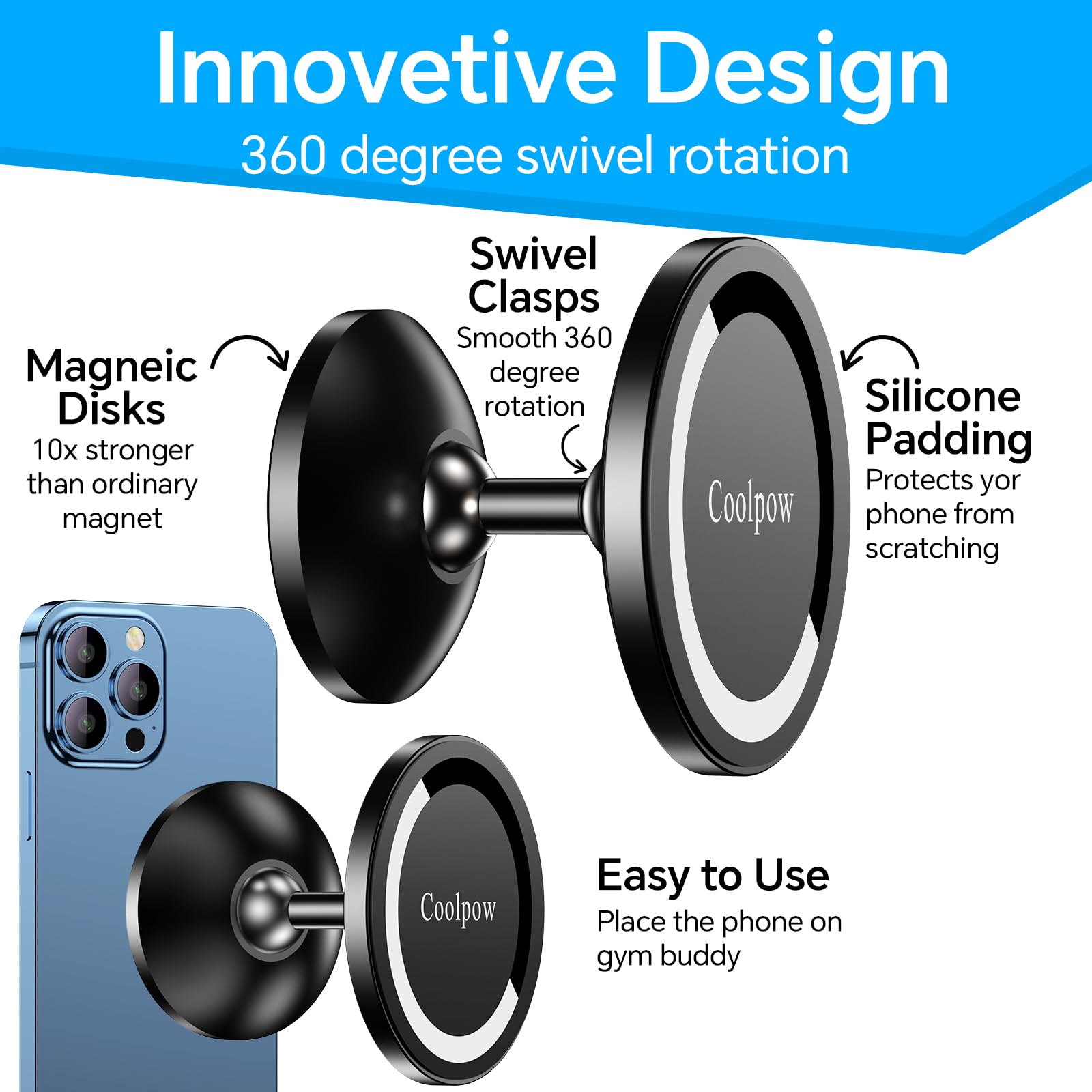 Coolpow Gym Magnetic Phone Holder Mount For Magsafe【All Metal】Dual Magnetic Phone Holder For Gym Accessories Attach To Metal Surface, Gym Phone Holder Magnet For Iphone 16 15 14 13 Pro Max  For Men Women