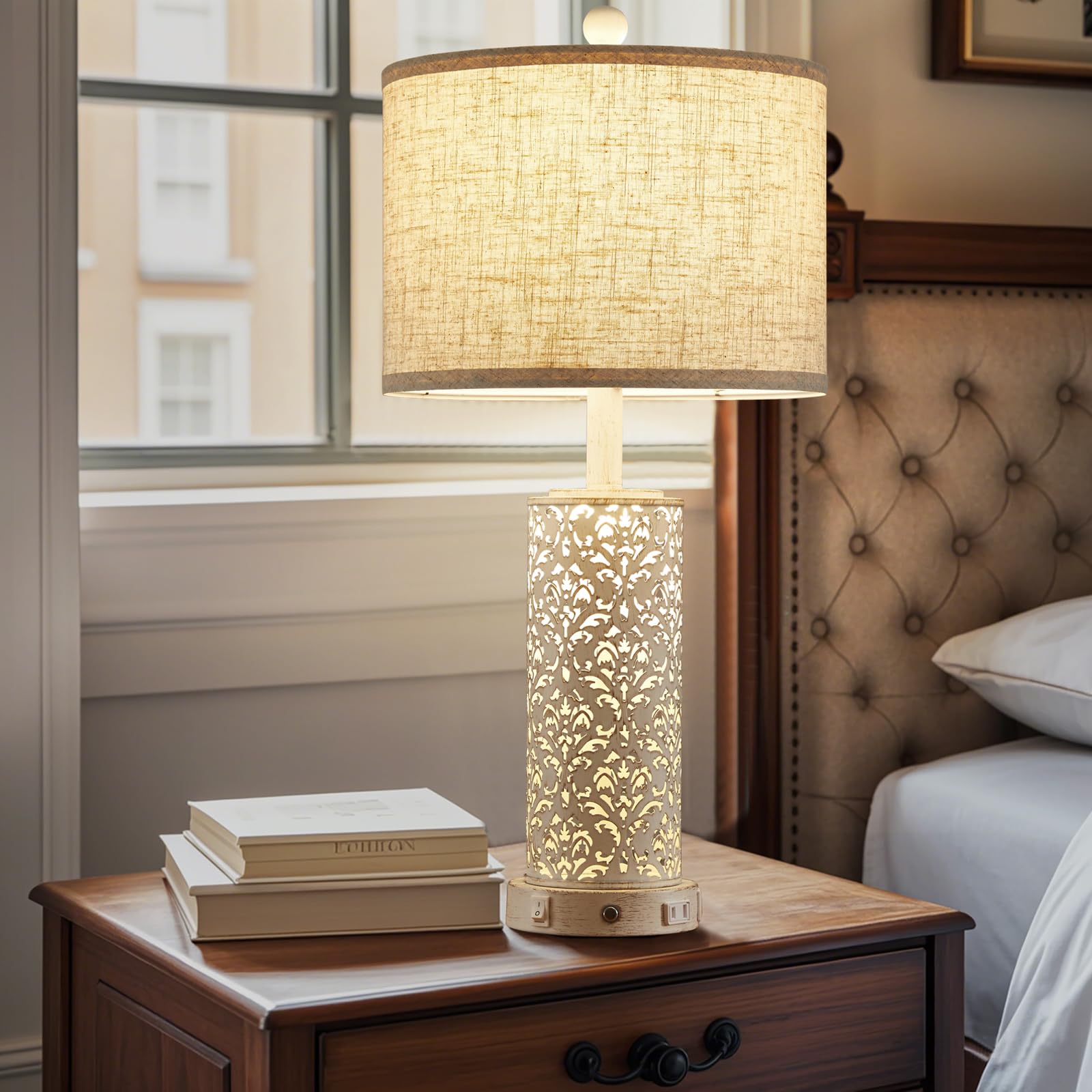 Saiweya 26" Set Of 2 Farmhouse Table Lamp, 3-Way Dimmable Touch Control With Nightlight, 2 Usb Ports + Ac Outlet Vintage Rustic Bedside Lamp For Living Room Bedroom And Nightstand (White-2 Pack)