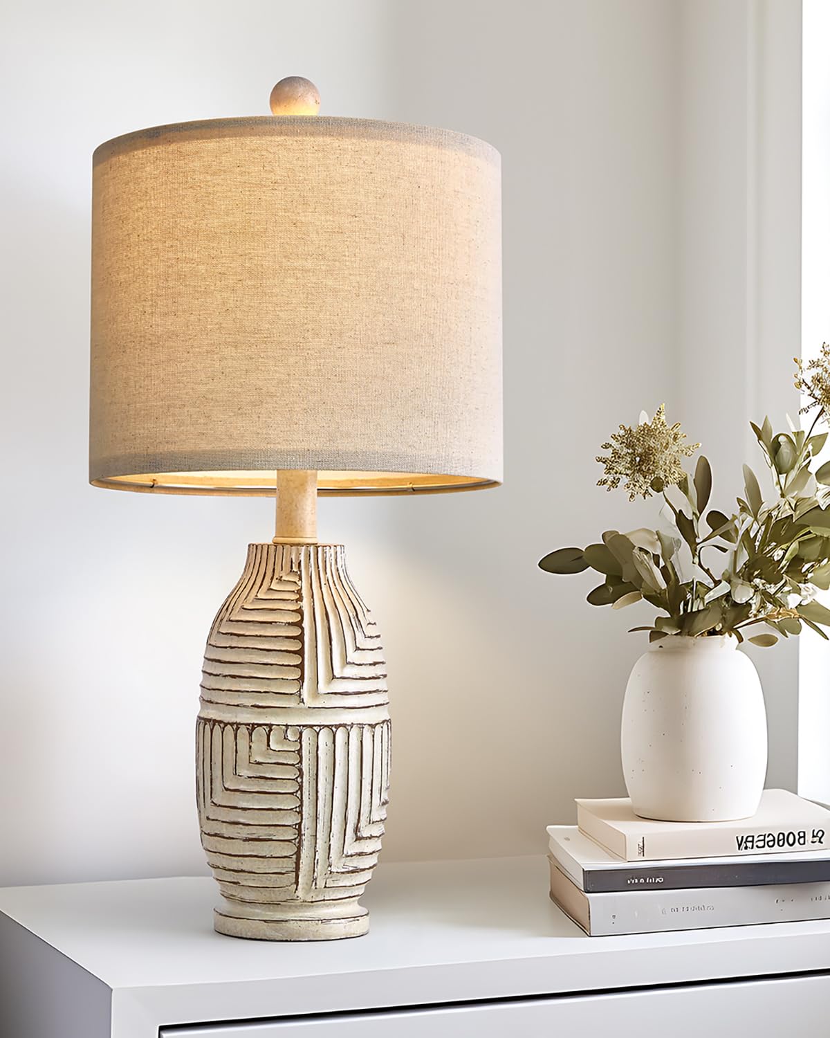G-Safava 20.25" Farmhouse Single Resin Lamp For Bedroom Living Room Retro Rustic Vintage Small Boho Lamps Bedside Nightstand Light Home Office Desk Deco (White)