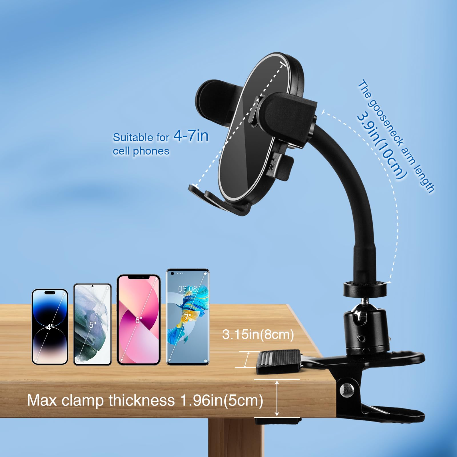 Rock Clip Phone Holder With 360° Gooseneck Arm & Auto-Locking Clamp,Short/Medium/Long Arm Options For Desk, Mic Stand, Table,Treadmill – Fits 4-7" Smartphones(Short-3.9 Inch Arm)
