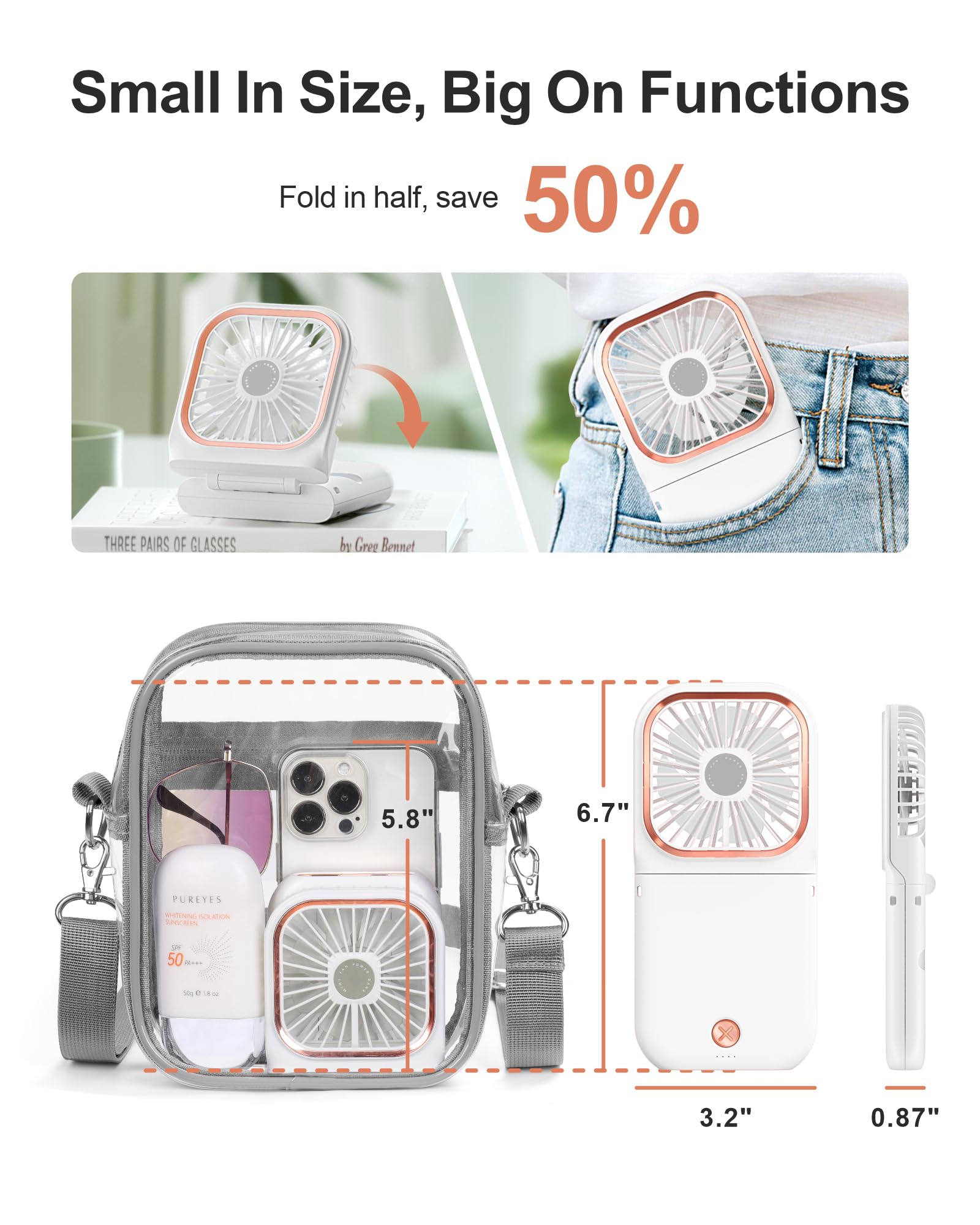 F-Color Portable Mini Handheld Fan - Personal Fan With Phone Holder 3 Speed Adjustable Small Pocket