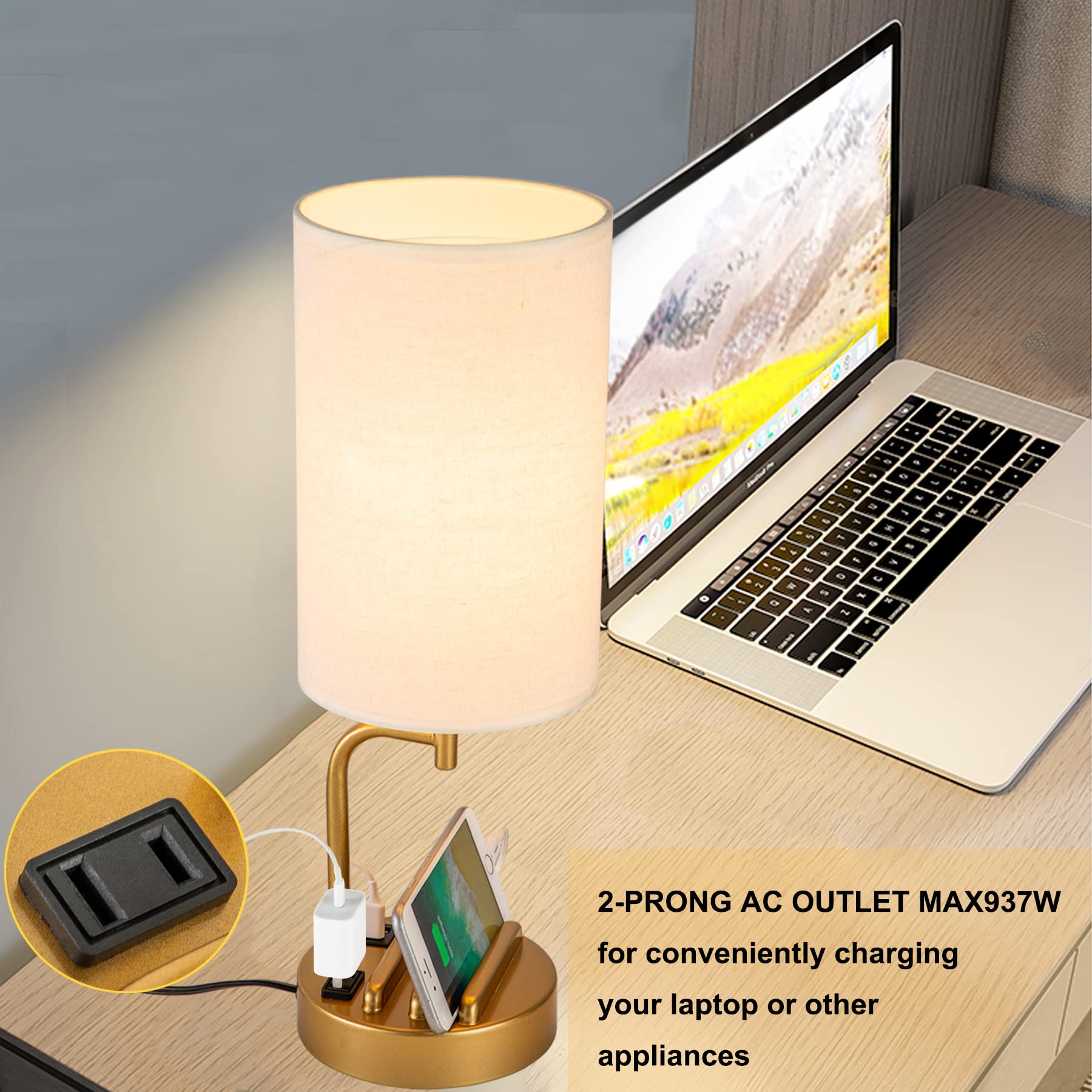 Dreamholder Touch Control Usb Table Lamp, 3-Way Dimmable Bedside Desk Lamp With Usb C & A Charging Ports And Ac Outlet, Nightstand Lamp For Bedroom, Dimmable Bulb Included, Gold
