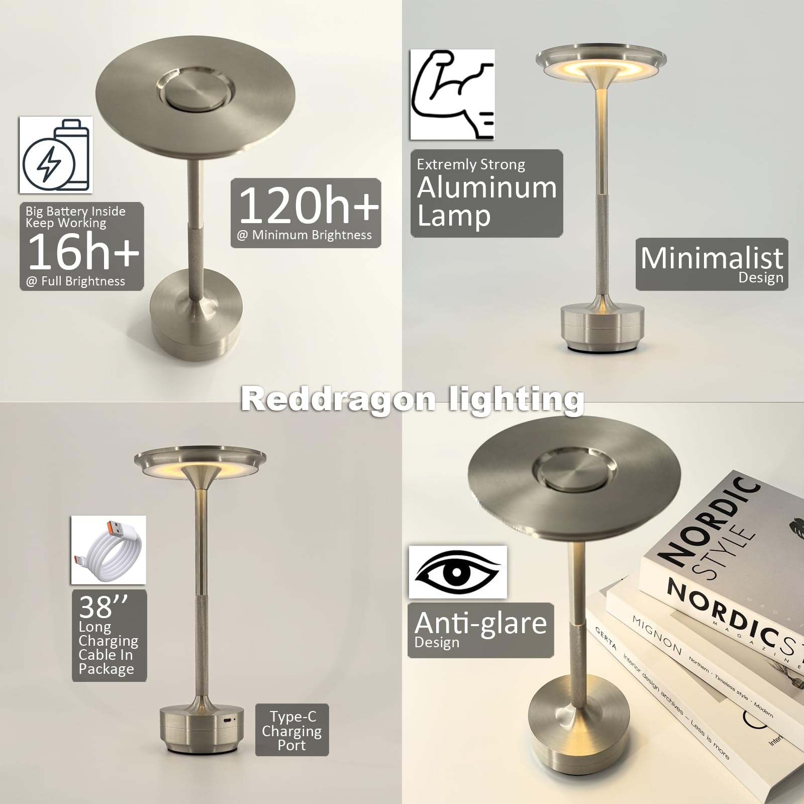 Reddragon Lighting Dimmable Brushed Nickel Silver Cordless Table Lamp Rechargeable, Portable Small Mushroom Battery Table Light Usb Bedside Desk Lamp For Dinning Room, Living Room, Bedroom, Outdoor Patio (Silver)
