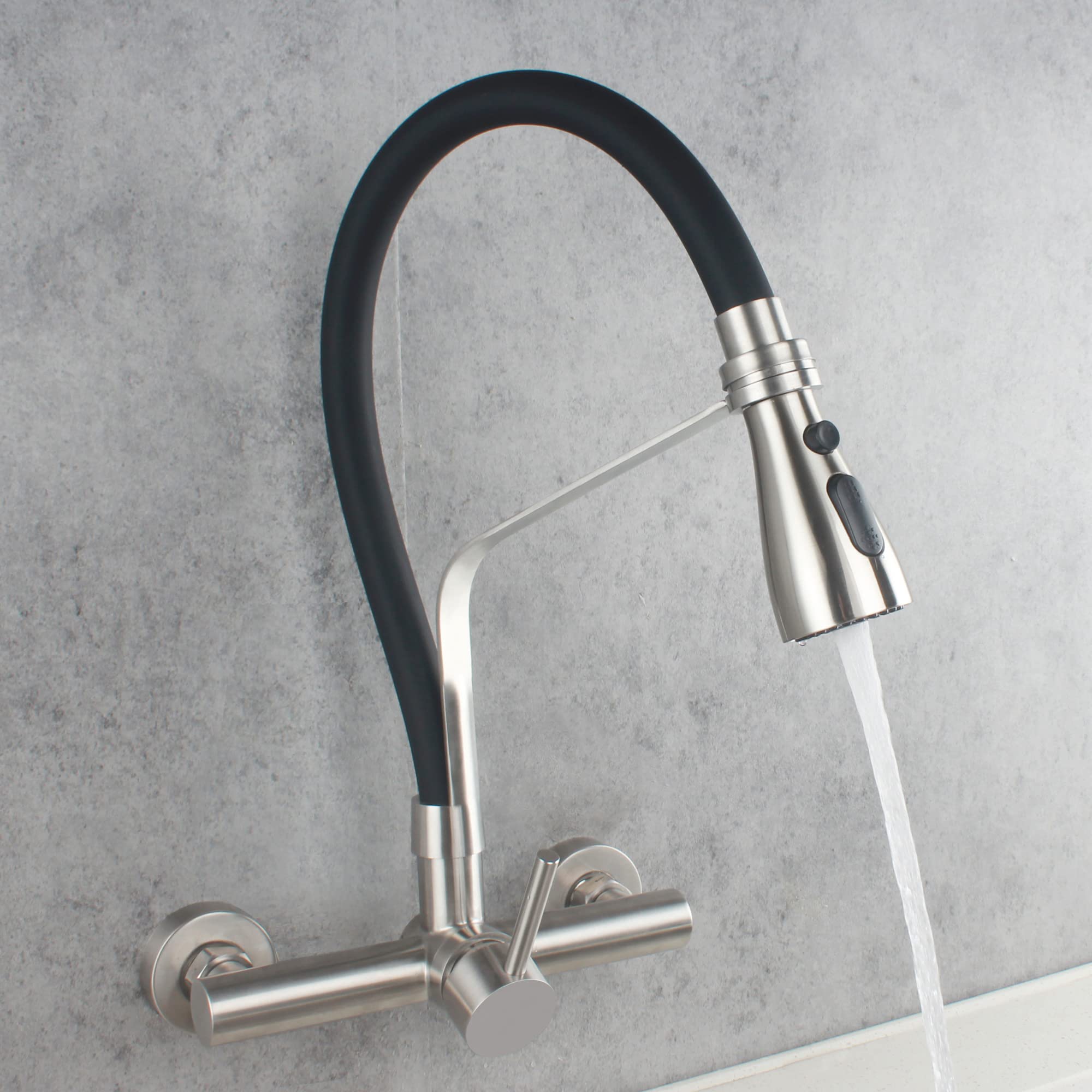 Umanyi Wall Mount Commercial Kitchen Faucet With Pull Down Sprayer 8 Inch Center Stainless Steel Brush Nickel Restaurant Laundry Utility Sink Faucet 3 Functions Lead- Sskf17-2Dc