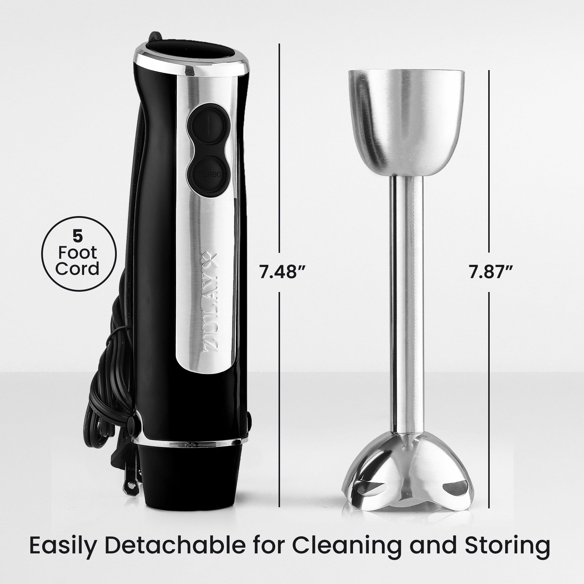 Zulay Kitchen Zulay Immersion Stick Mixer Hand Blender 800 Watts, Turbo Mode, 5-Ft Power Electric Cord, Handheld Portable, Stainless Steel Blades For Effortless Blending Smoothie, Soup, Baby Food, Puree Black