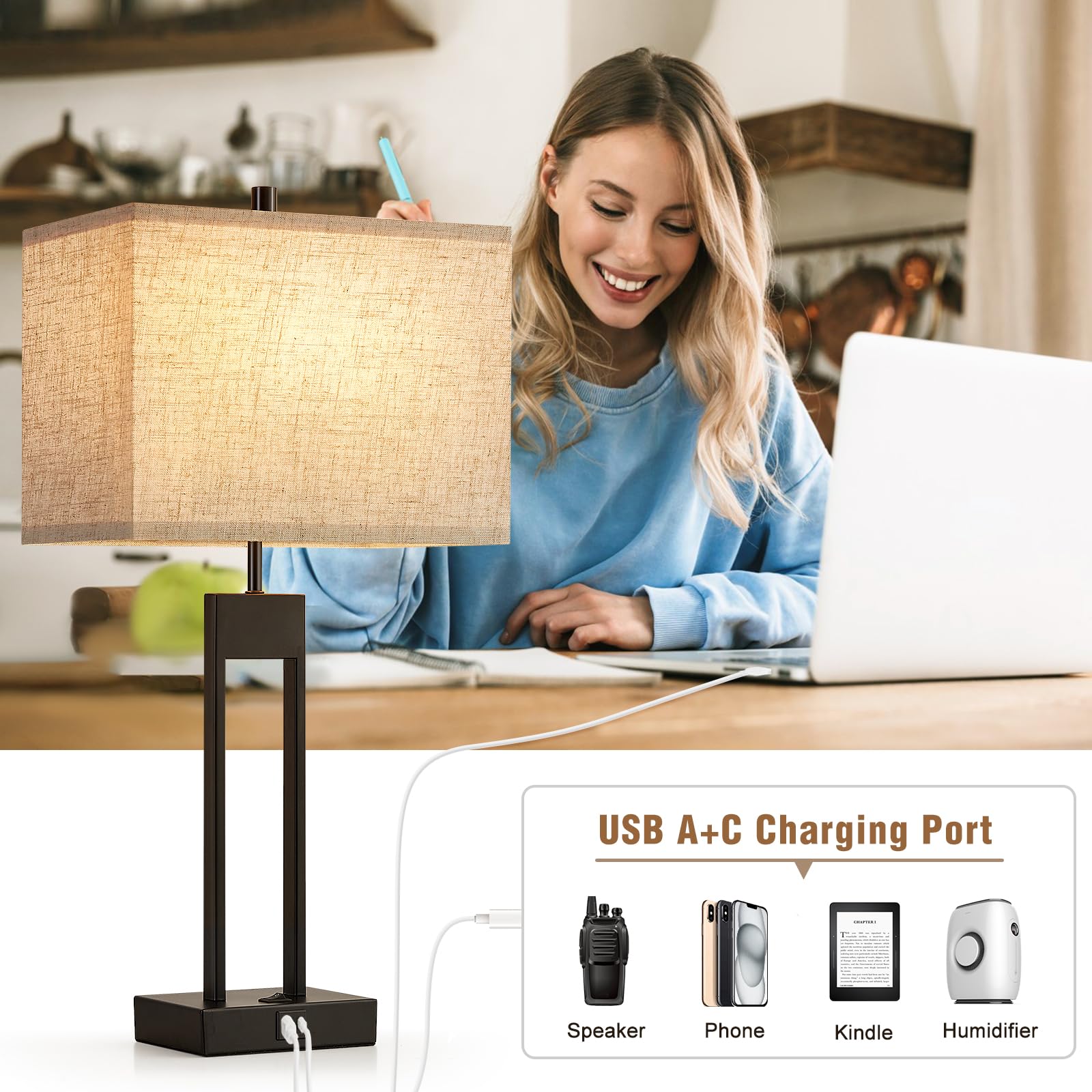 Gyrovu 25.5’’ Nightstand Table Lamps For Bedrooms Set Of 2, Bedside Lamp With Usb C+A, 3 Colors Changeable Living Room Lamps For End Tables, Modern Night Stand Lamps For Bed Side Guest Room Office Reading