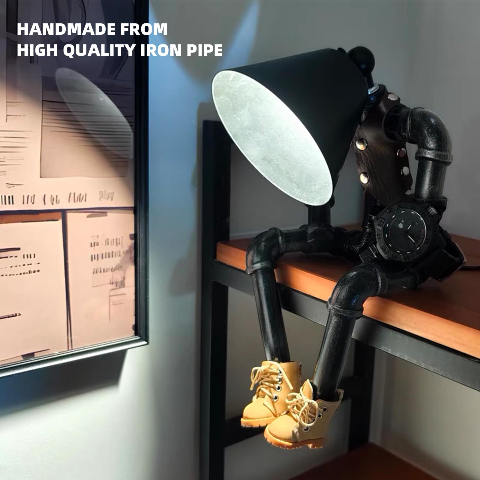 Hamoqi Steampunk Cowboy Robot Table Lamp, Boots & Vest Jacket Design With Metal Pipe Industrial Robot Lights, Adjustable Brightness Cool Desk Lamp,Unique Retro Decor & Creative Art For Men