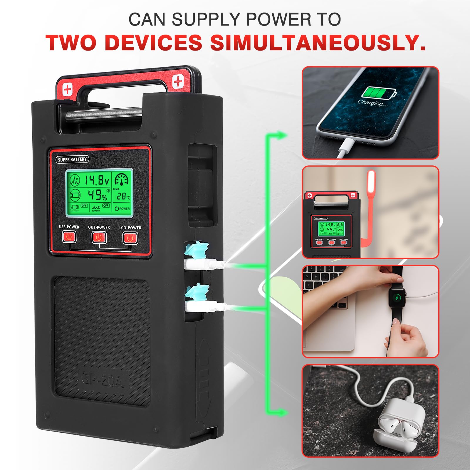 Yl-Hlot  Electric Reel Battery. 14.8V 20000Mah. Includes 1.5M Connecting Cable. Power Output. Usb Port. Display. Three Modes Turn On Or Off Individually. Smarter Battery Make Fishing More Fun.