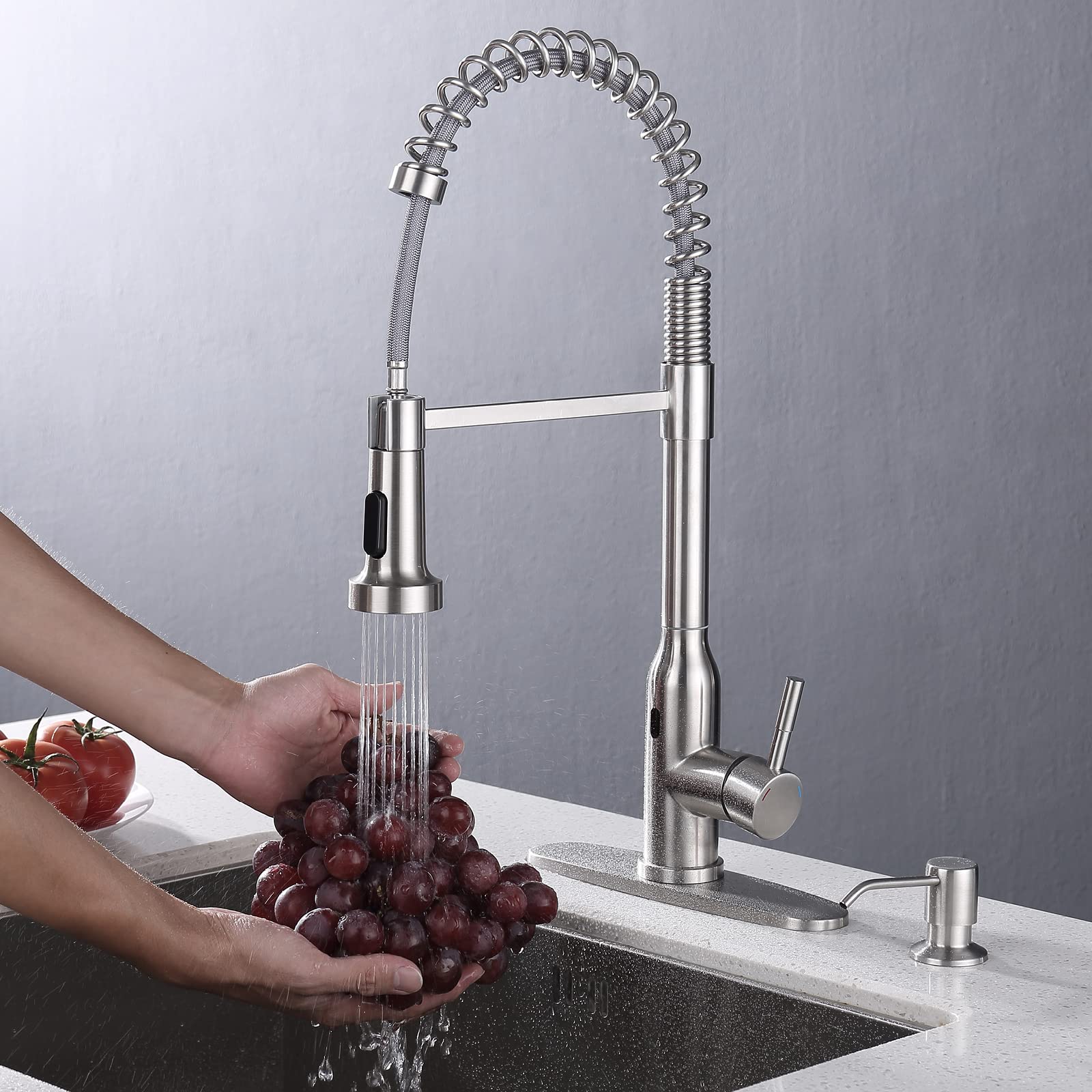 Keer Touchless Kitchen Faucet,Smart Motion Sensor Hands  Single Handle Spring Kitchen Sink Faucet With Pull Down Sprayer,Brushed Nickel