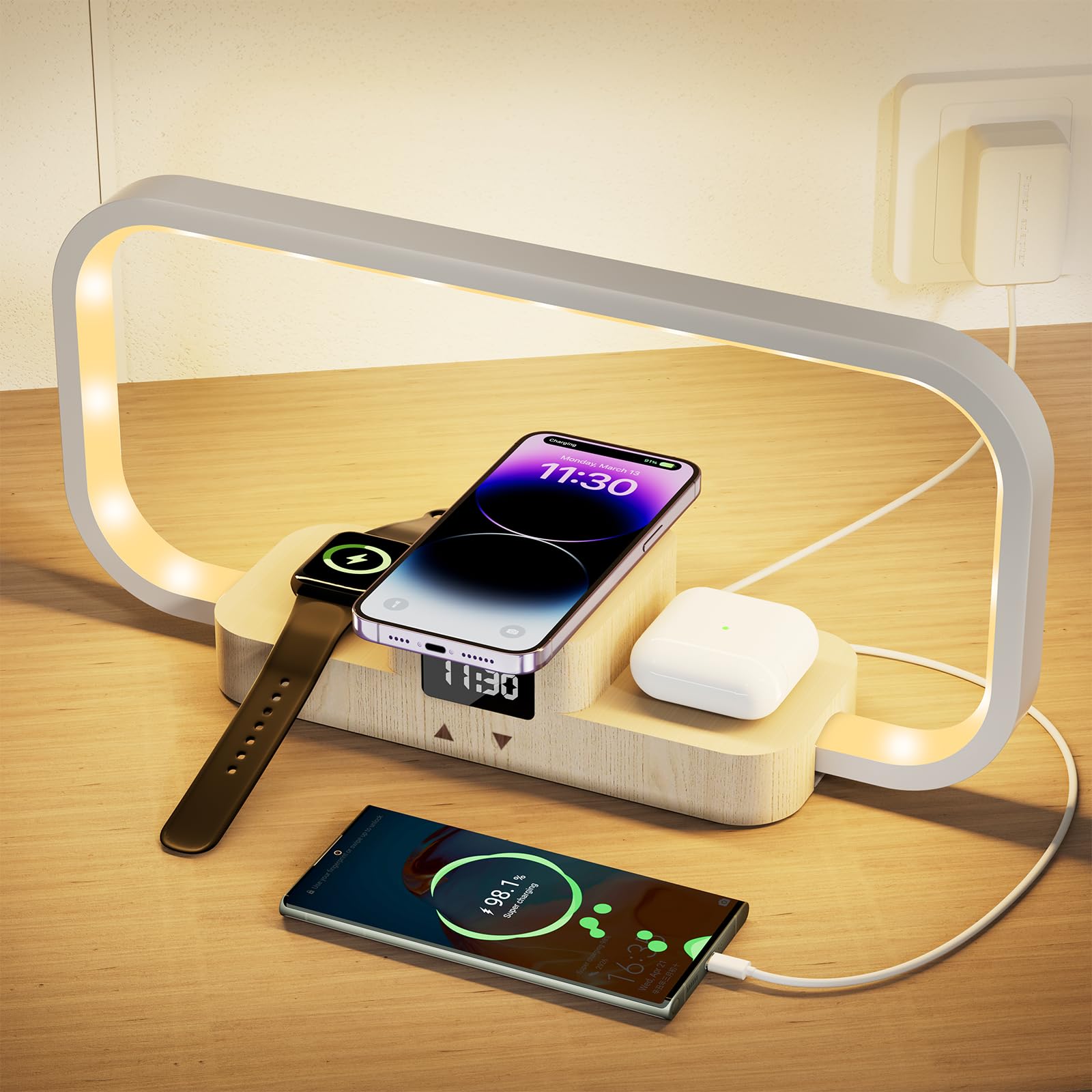 Crll Led Bedside Lamp, Desk Lamp With Wireless Charger With 3 Charging Station, 5 Color Mode & Dimmable, Touch Lamps For Nightstand With Clock, Night Table Lamp For Bedroom, For Women, Men, Friends
