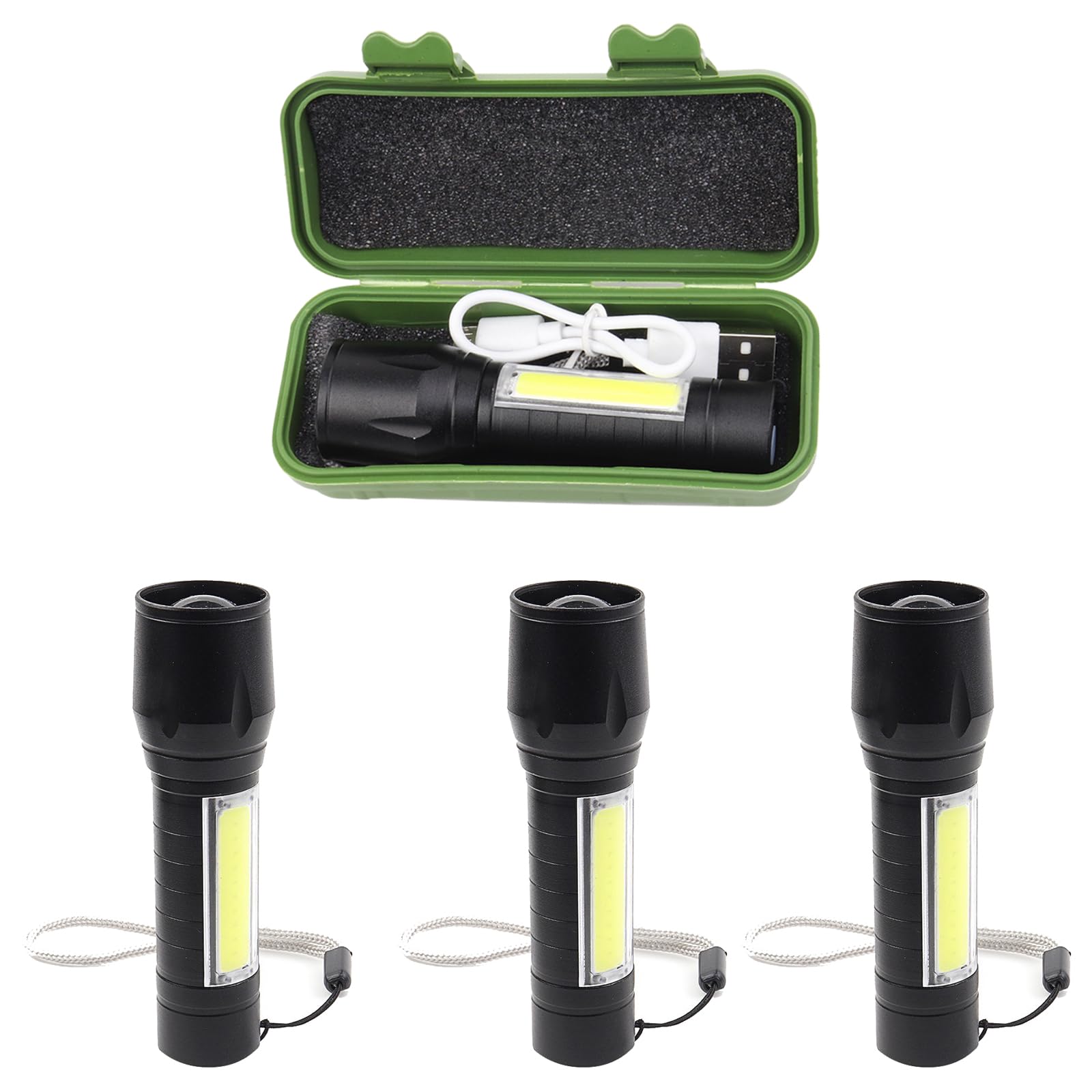 Miyake 4-Pk Led Flashlight Rechargeable Usb Torch, Pocket Mini Flash Light With Cob Side Searchlight, High Lumens Zoomable Camping Lantern Combo Small Flash Light For Edc Emergency Camping