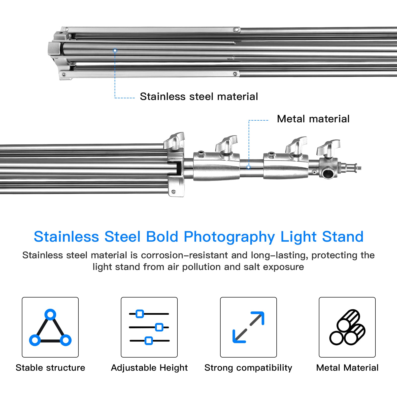 Supon Stainless Steel Light Stand 110" /2.8M, Spring Cushioned Heavy Duty Tripod Stand With 1/4-Inch To 3/8-Inch Universal Adapter For Studio Monolight Softbox Reflector Photography Portrait Video