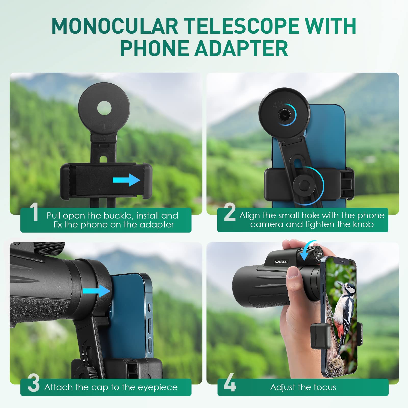 Cammoo 12X50 Monoculars For Adults High Powered, Low Light Larger Vision With Bak4 Prism Smc Lens, For Men Frogproof Waterproof Monocular Telescope Hiking Hunting Gear