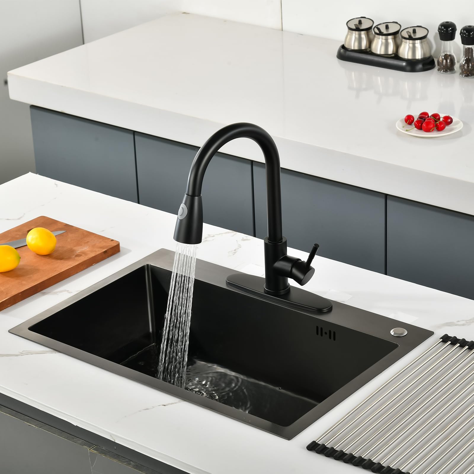 Nohalipy Commercial High Arc Matte Black Kitchen Faucet,Black Stainless Steel Kitchen Faucets,Pull Down Sprayer Faucet For Kitchen Sink,Single Handle Kitchen Faucet With Dual-Function Spray Mode