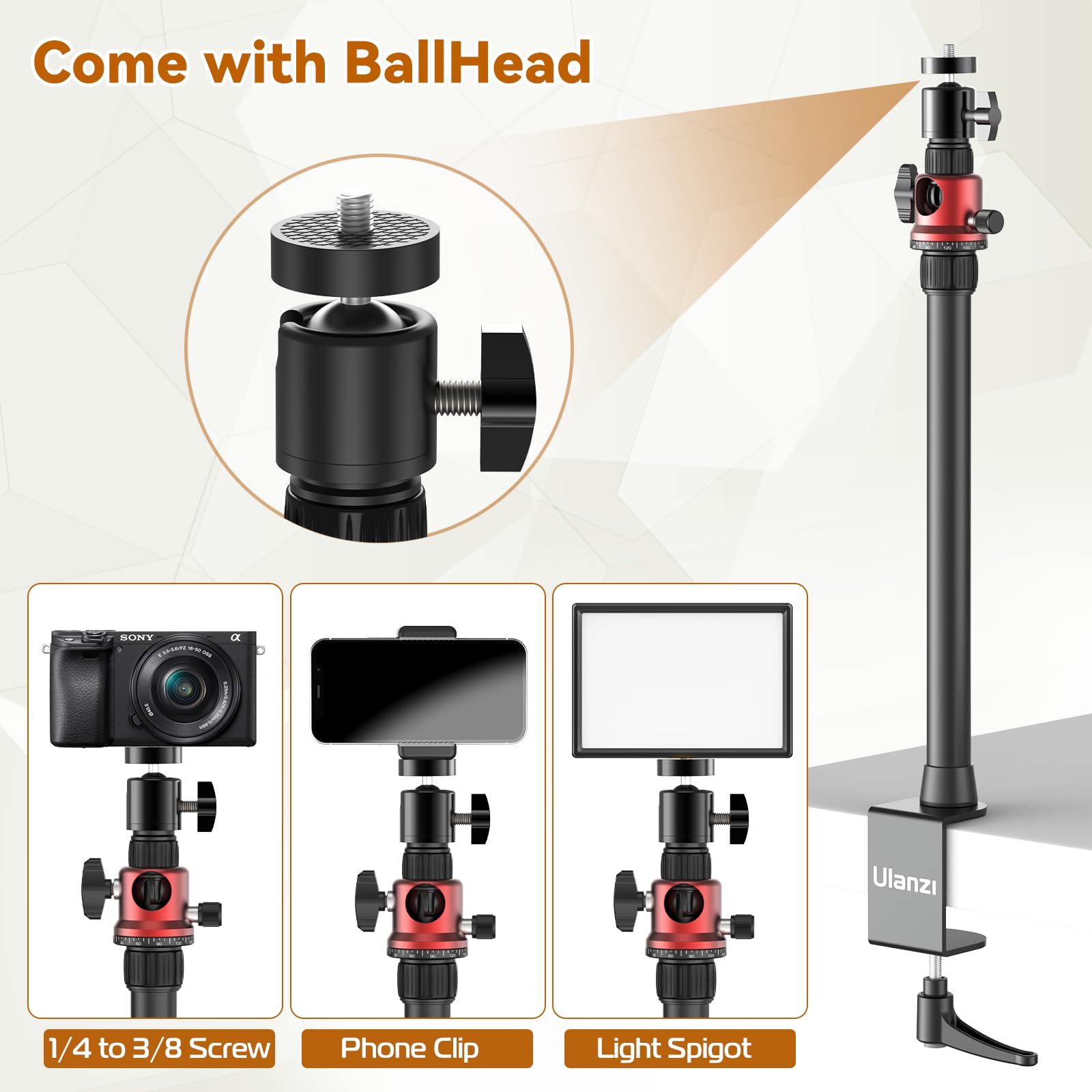 Jusmo Mt-88 Overhead Camera Mount Desk Stand Phone Holder For Video Recording, Horizontal/Vertical Switching, Aluminum 4-Sections Light Stand For Dslr, Cameras, Phones, Lights, Max Load 13.23Ibs