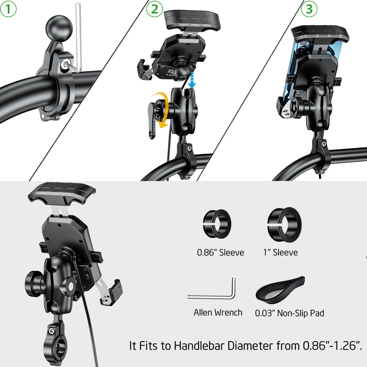 Imestou Anti-Theft Motorcycle Wireless Phone Mount Charger 15W & Usb C 3A Handlebar 1" Ball Phone Holder Works With 12V/24V Vehicle/Usb A Socket 720 Rotation Quick Charge For 4.0-7.0" Cellphones