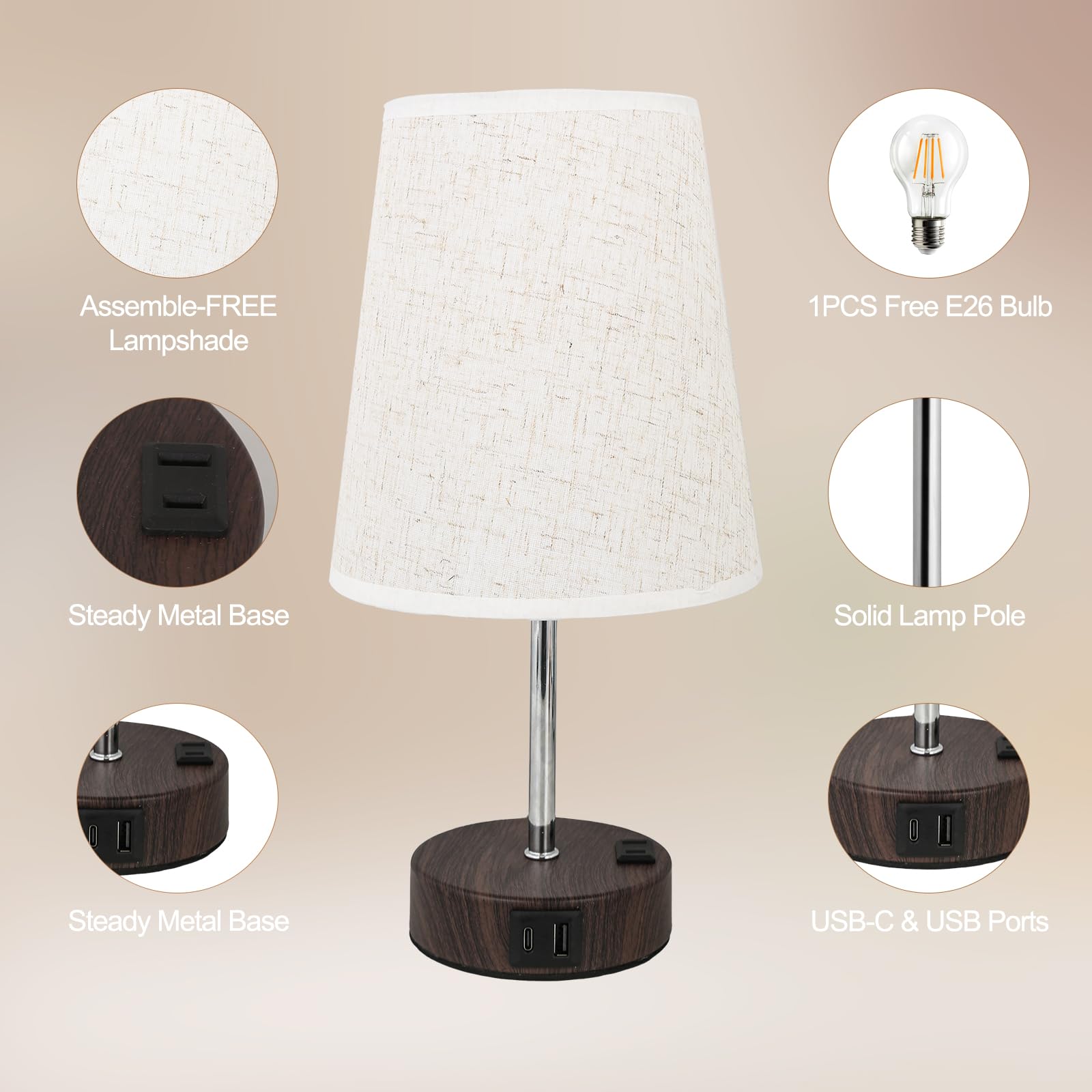 Novus Lighting Touch Table Lamp - 3 Way Dimmable Bedside Lamp With Usb-C Usb-A And Ac Charing Ports Wood Grain Base With Trapezoidal Linen Lampshade E26 Bulb Included (Cherry Wood Grain)
