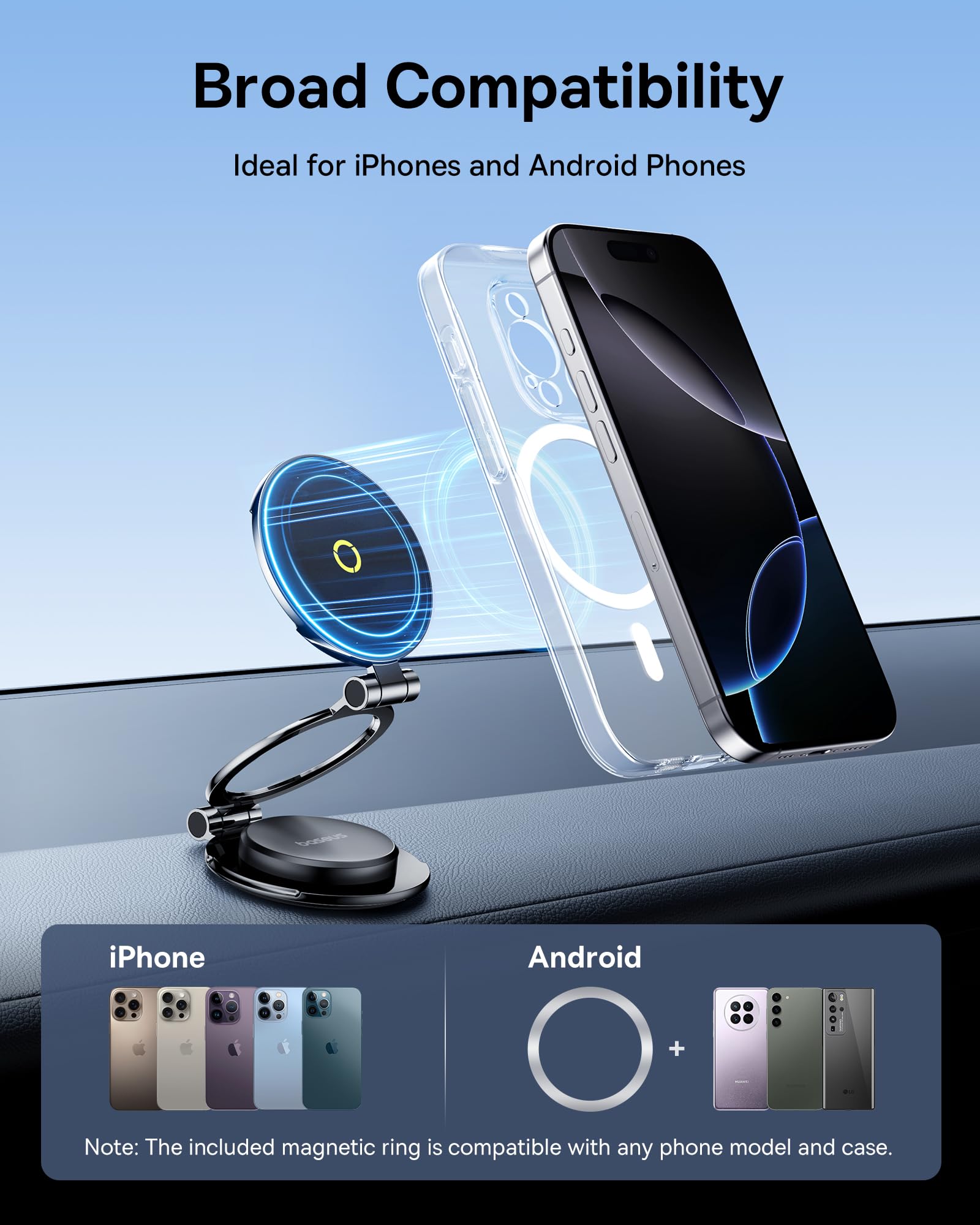 Baseus Magpro Ii Fits Magsafe Car Mount, All-Metal Magnetic Phone Holder For Car Dashboard, 20 X N56 Strong Magnets & 360° Rotation Flexible Tri-Foldable Car Mount, For Iphone 16 15 14 13 & All Phones