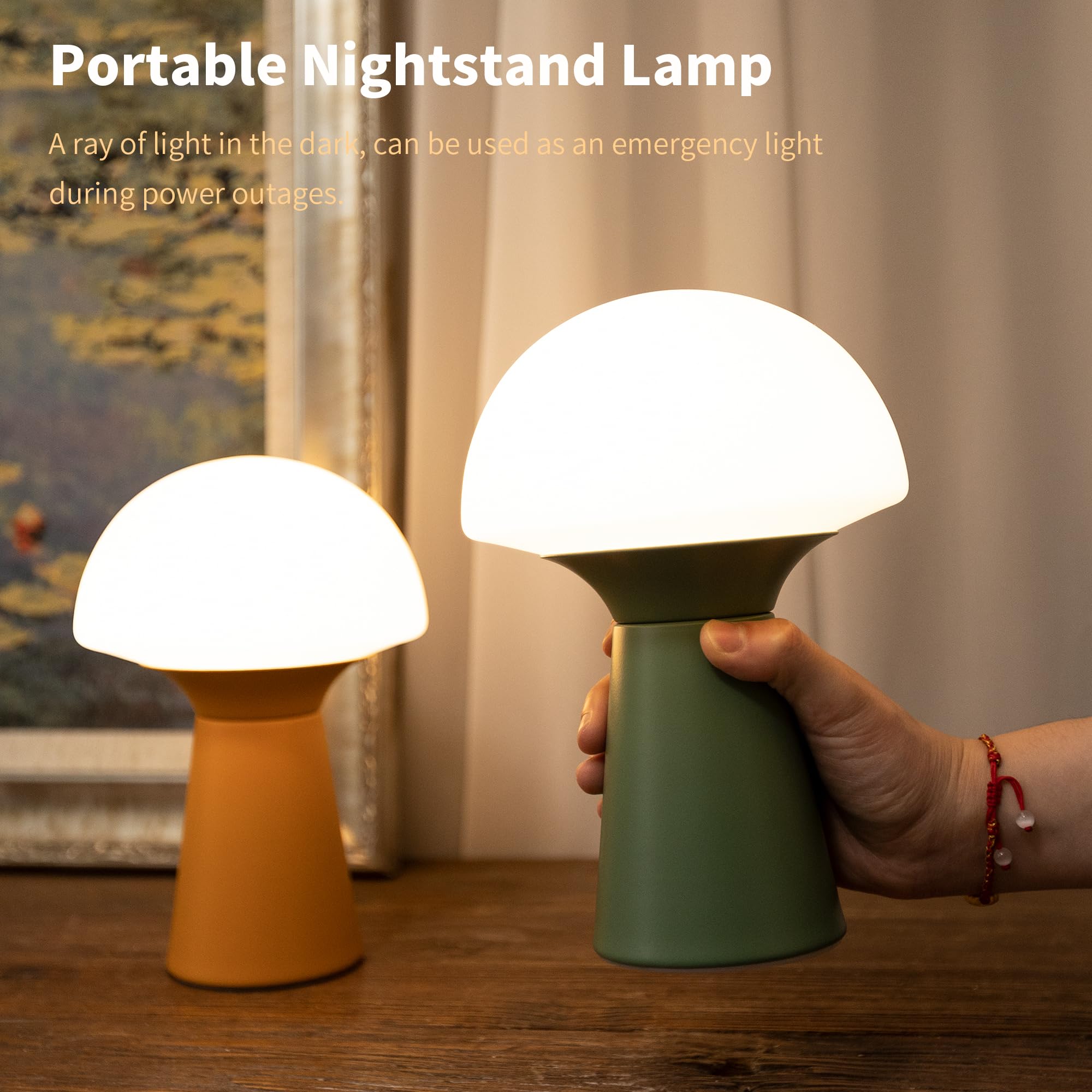 Lusharbor Mushroom Table Lamp, Battery Operated Lamp With Timer Small Portable Lamp Cordless Battery Powered Bedside Lamp Wireless Table Light For Bedroom Camping Kitchen (Green)