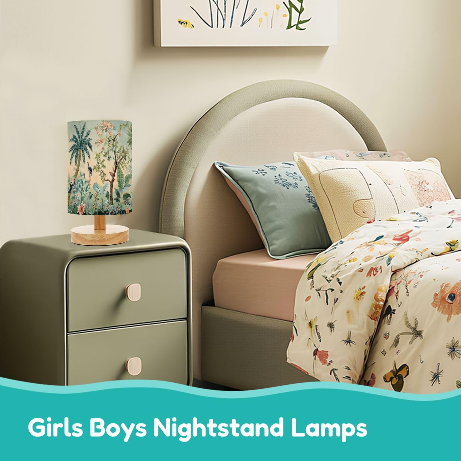 Aurfiaiuop Bedside Desk Lamps, Minimalist Traditional Mughal Garden Botanic Landscape Wall Paper Nightstand Lamps, Small Table Lamp For Nursery Girls Kids Bedroom Classroom Living Room Dorm Decor
