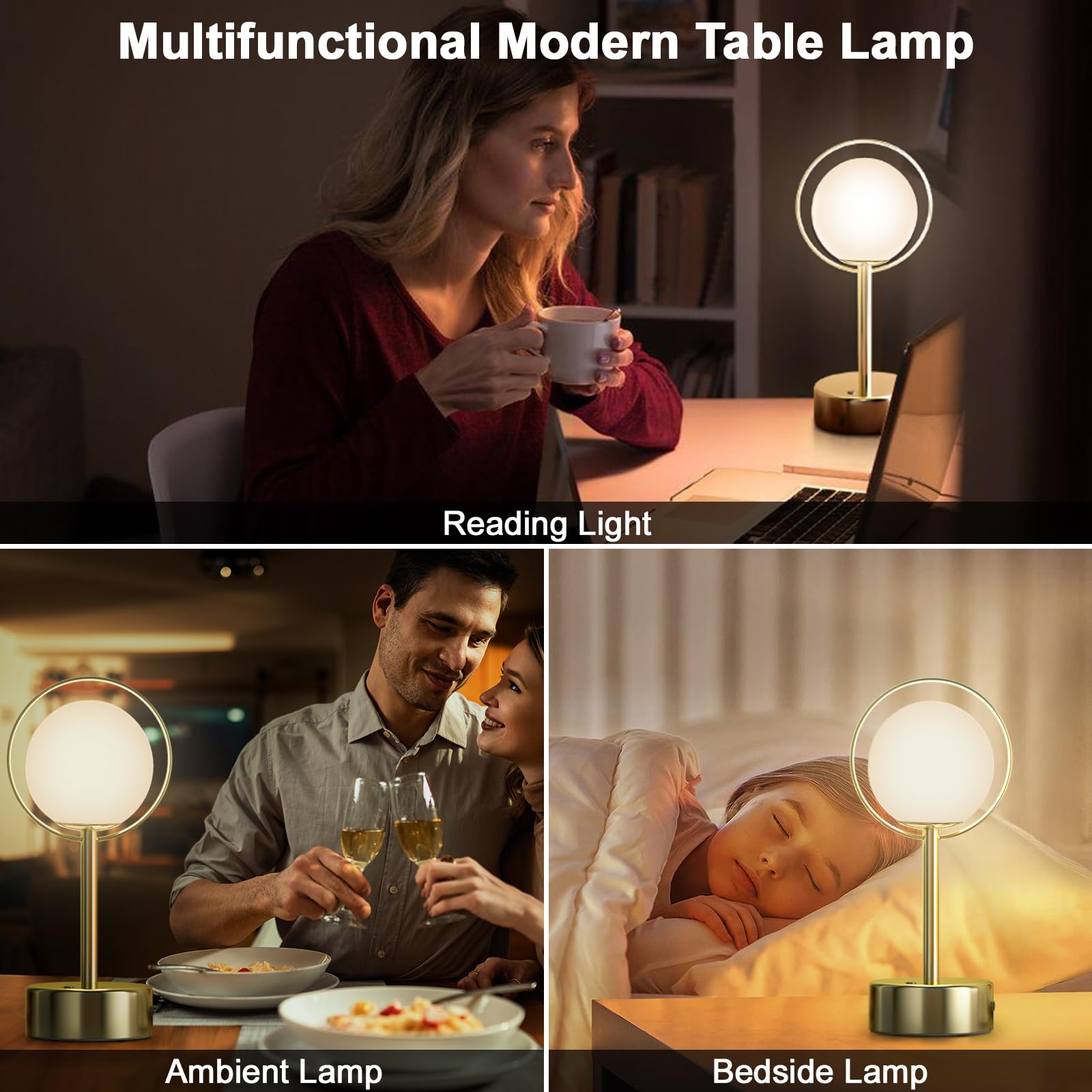Fuzzbopn Table Lamp-1 Pack 5000 Mah Battery Operated Lamp, Dimming Touch Control Gold Lamp With 3 Color Temperature, Rechargeable Table Lamp For Living Room, Outdoor/Indoor, Bedroom, Restaurant
