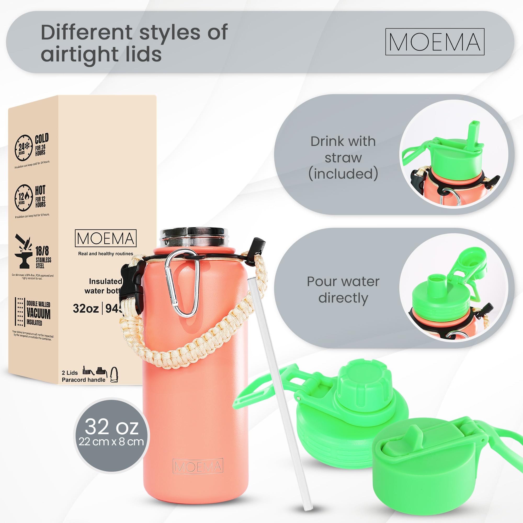 32Oz Insulated Water Bottle With Paracord Handle And Straw, Stainless Steel Cup With 2 Lids & Straw