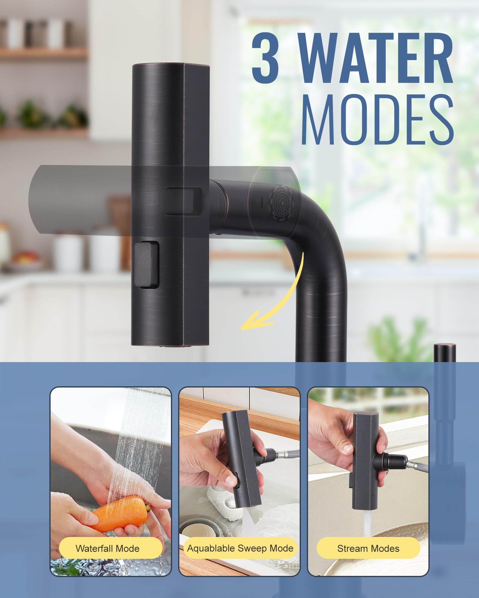 Aleasha Bar Sink Faucet Single Hole - For Bar Small Kitchen Bathroom Faucets With Cupc Supply Lines, 3 Water Modes Wet Bar Faucets 360 Swivel Prep Sink Faucet With Pull Out Sprayer, Oil Rubbed Bronze