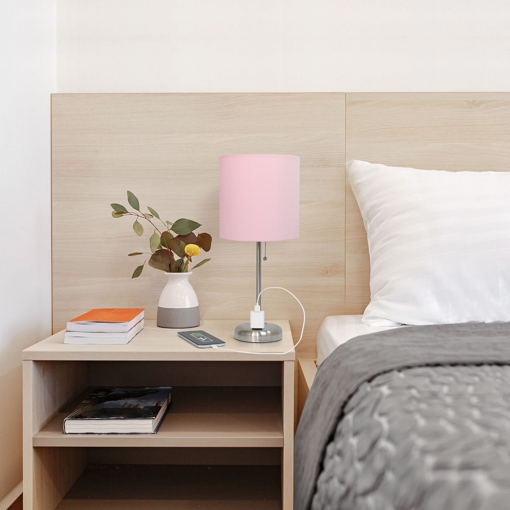 Creekwood Home Oslo 19.5" Contemporary Bedside Power Outlet Base Standard Metal Table Desk Lamp In Brushed Steel With Light Pink Drum Fabric Shade