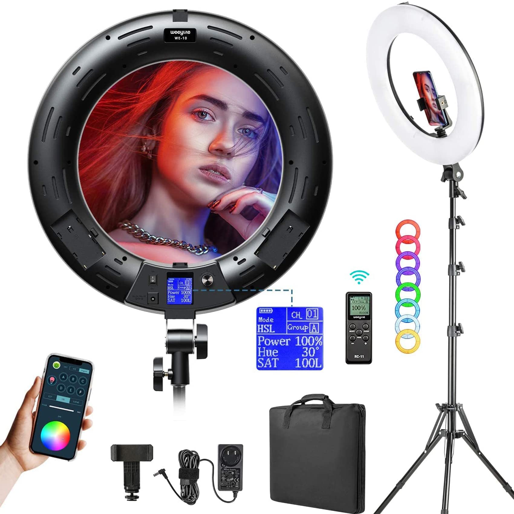 Weeylite We-10 18 Inch Ring Light, Rgb Light Ring With Tripod Stand & Phone Holder, Remote/App Control, Dimmable 2500K-8500K Cri95 Circle Selfie Light For Live Stream Makeup Selfie Video Tiktok