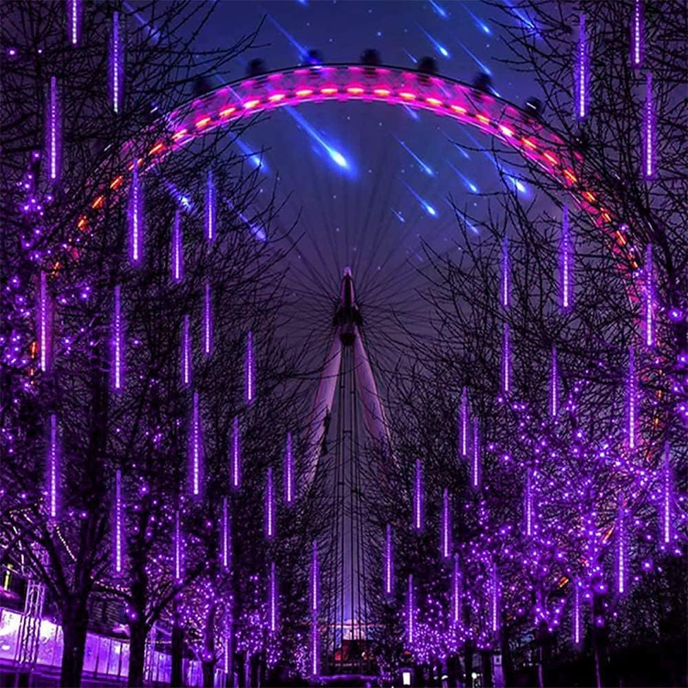 Qitong 2 Pack Extendable Christmas Meteor Shower Lights, Purple Christmas Lights Outdoor, 16 Tubes 384 Leds Plug In String Lights For Christmas Tree Holiday Party