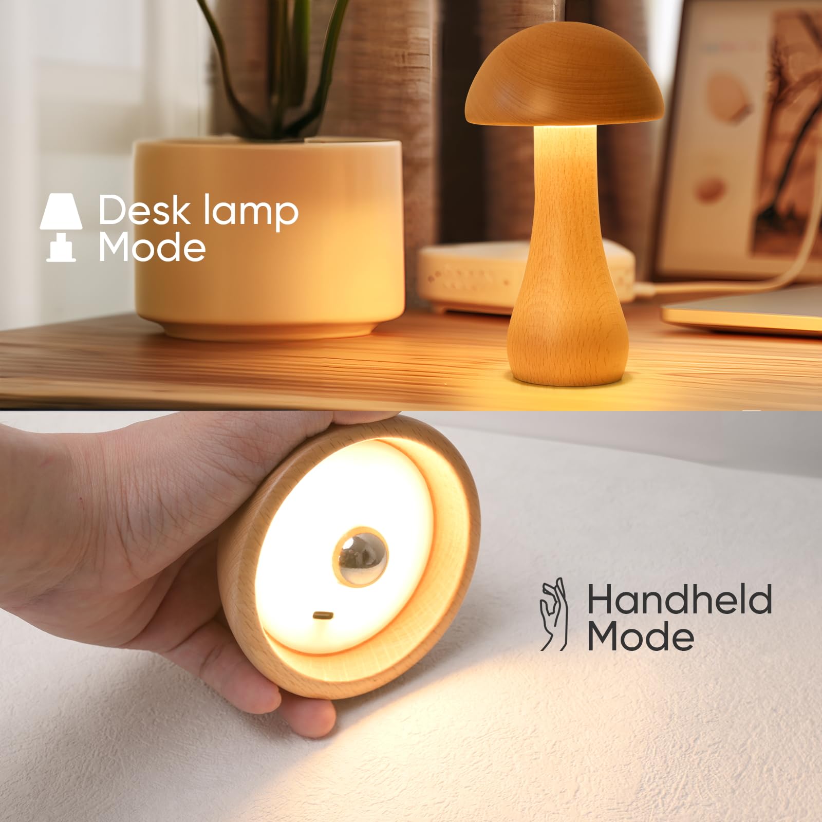 Lonrisway 2 Pack Wooden Mushroom Lamp, Portable Cordless Small Rechargeable Battery Operated Lamp,Stepless Dimming,Night Light For Birthday