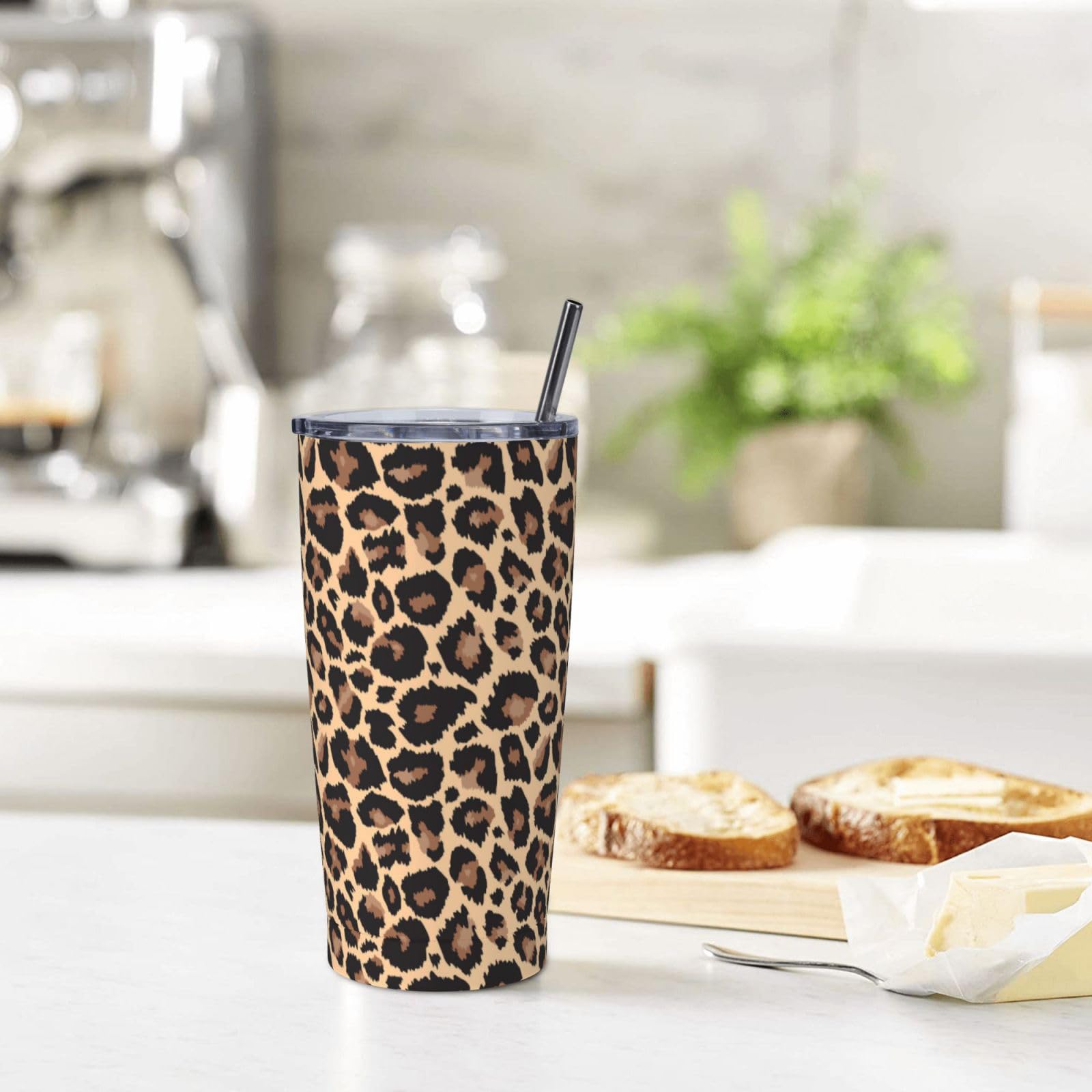Leopard Print Tumbler, Cheetah Cup With Lid And Straw, 20 Oz Stainless Steel Insulated Water Bottle